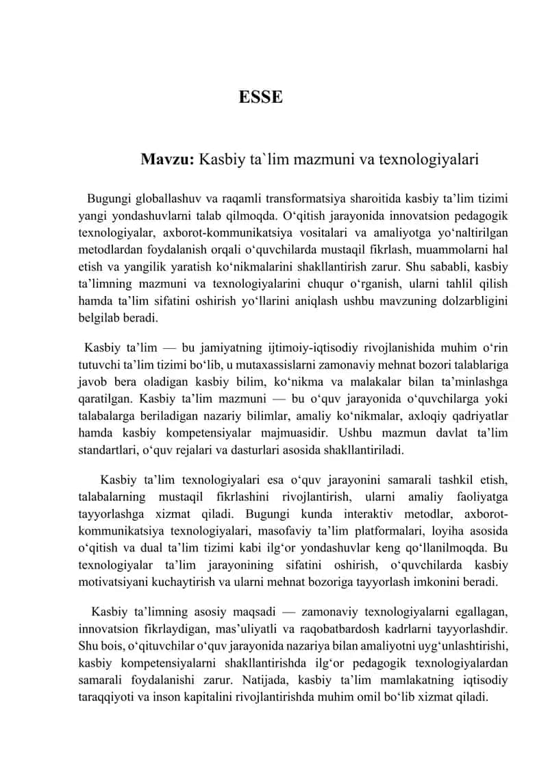 Kasbiy taʼlim mazmuni va texnologiyalari. ESSE