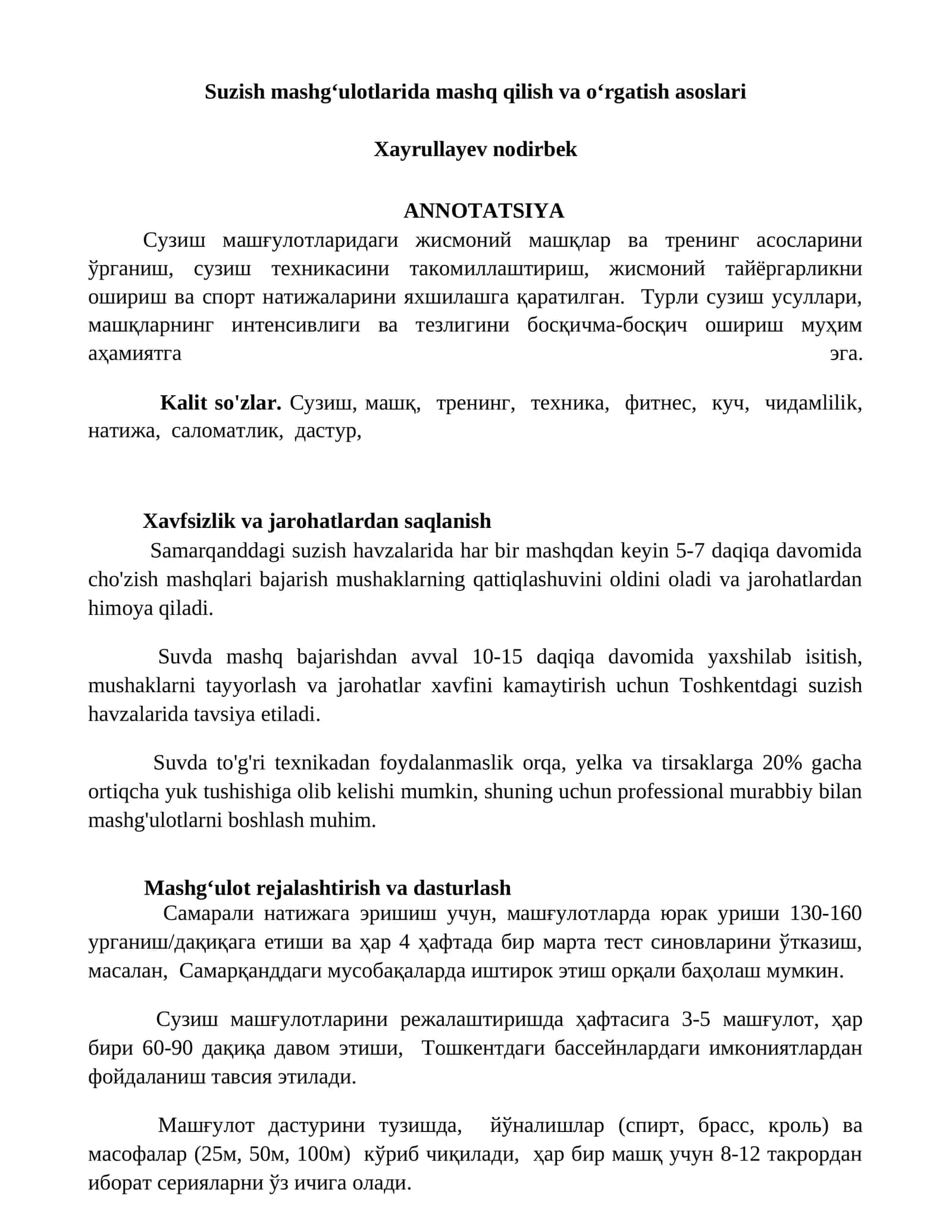 Suzish mashg‘ulotlarida mashq qilish va o‘rgatish asoslari