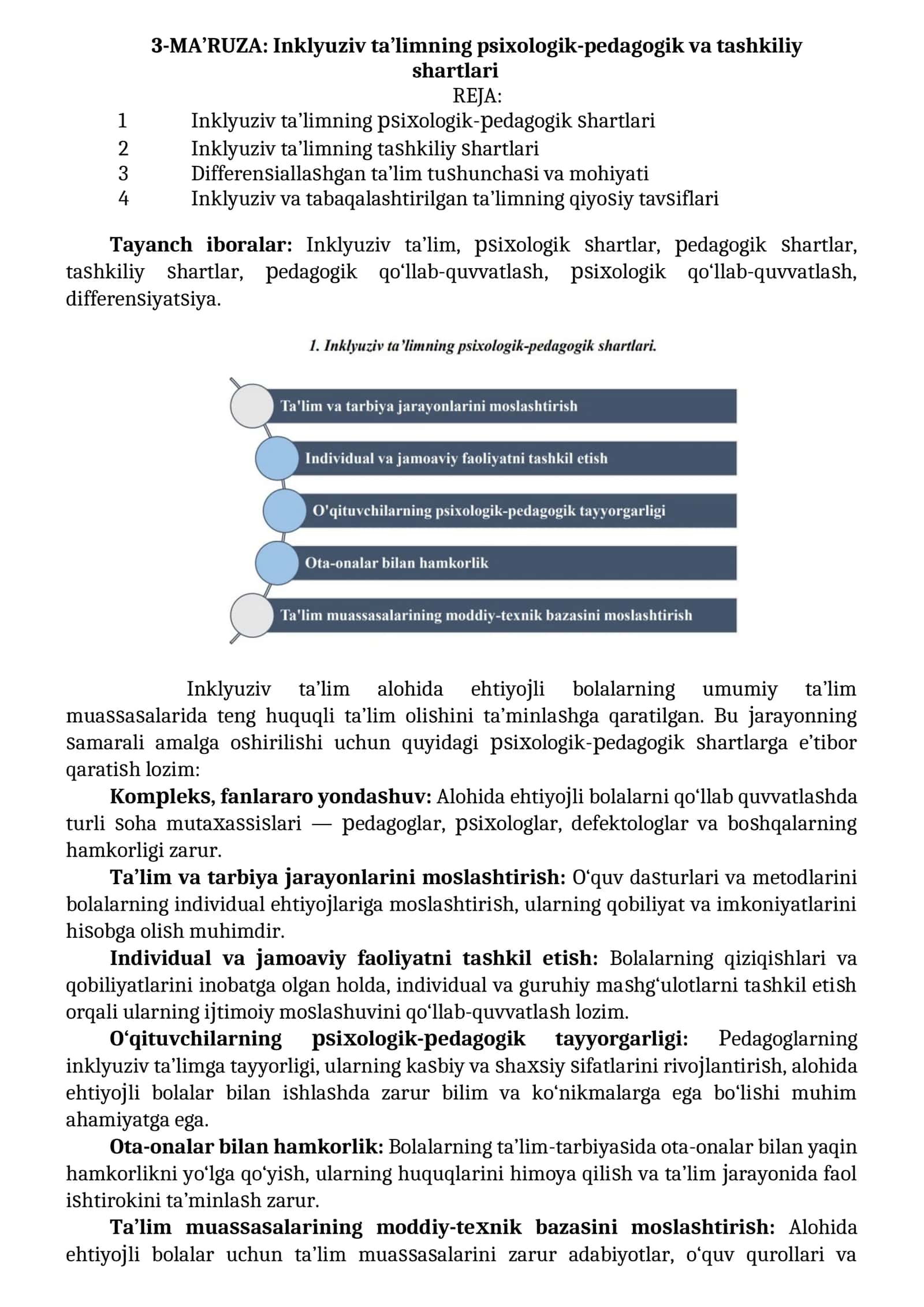 Inklyuziv ta’limning psixologik-pedagogik va tashkiliy shartlari.