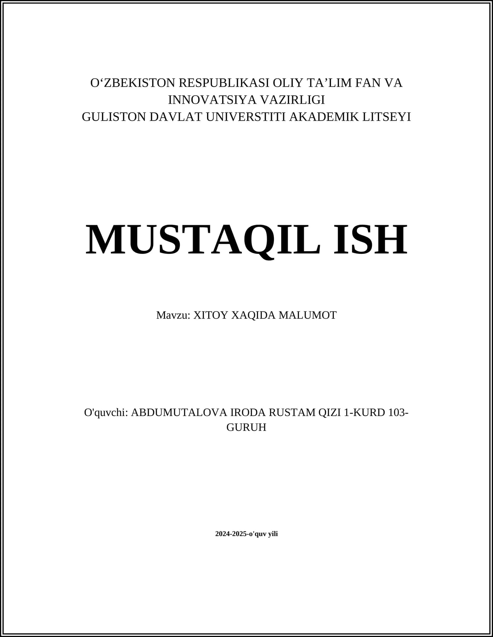 XITOY XAQIDA MALUMOT