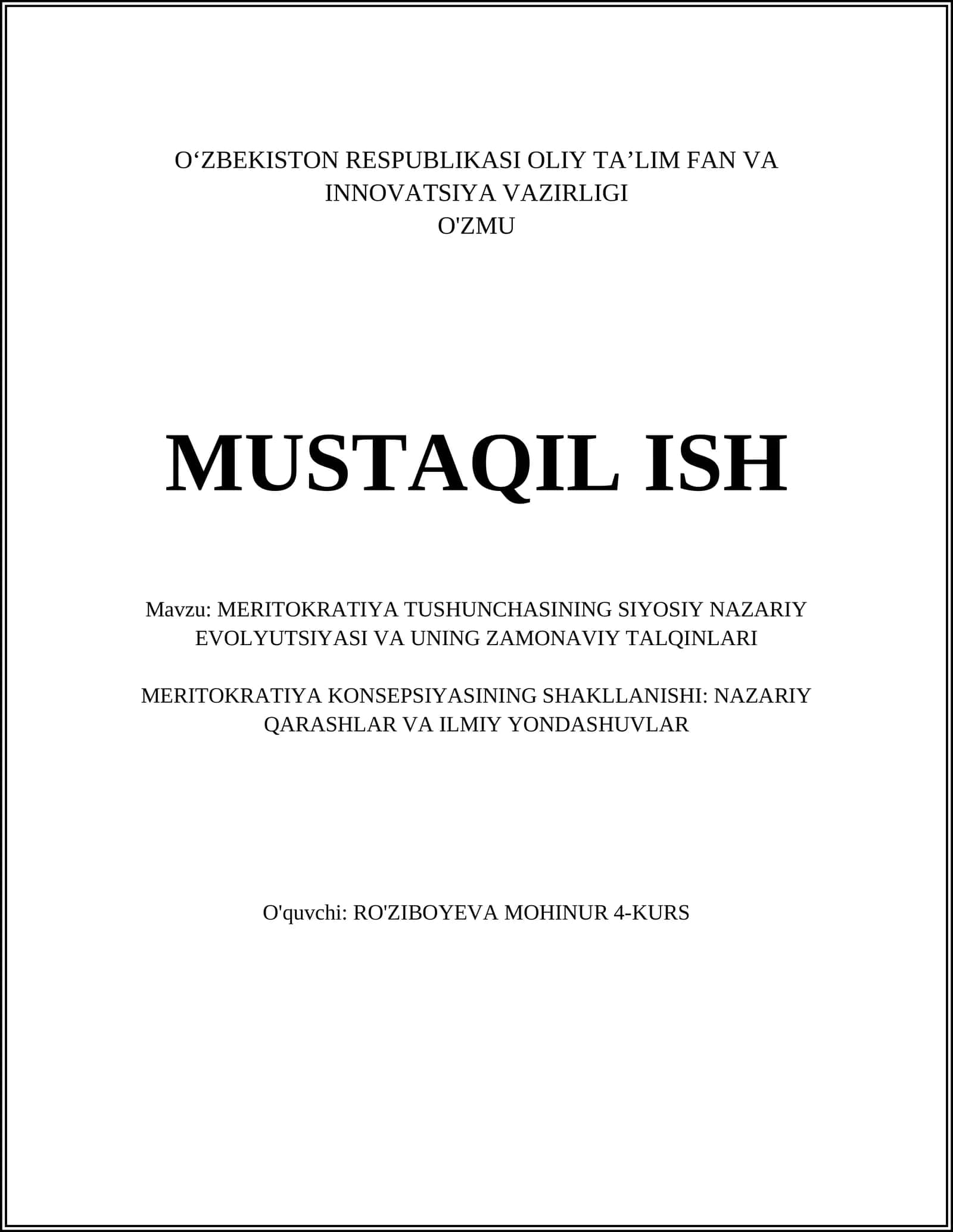 MERITOKRATIYA TUSHUNCHASINING SIYOSIY NAZARIY EVOLYUTSIYASI VA UNING ZAMONAVIY TALQINLARI