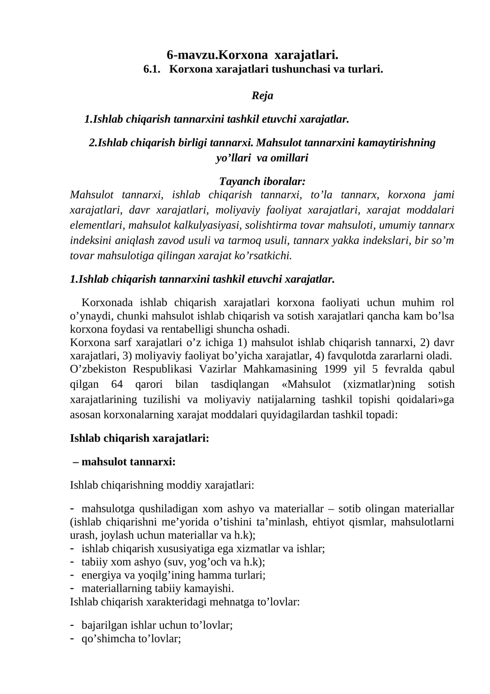 6-mavzu.Korxona xarajatlari