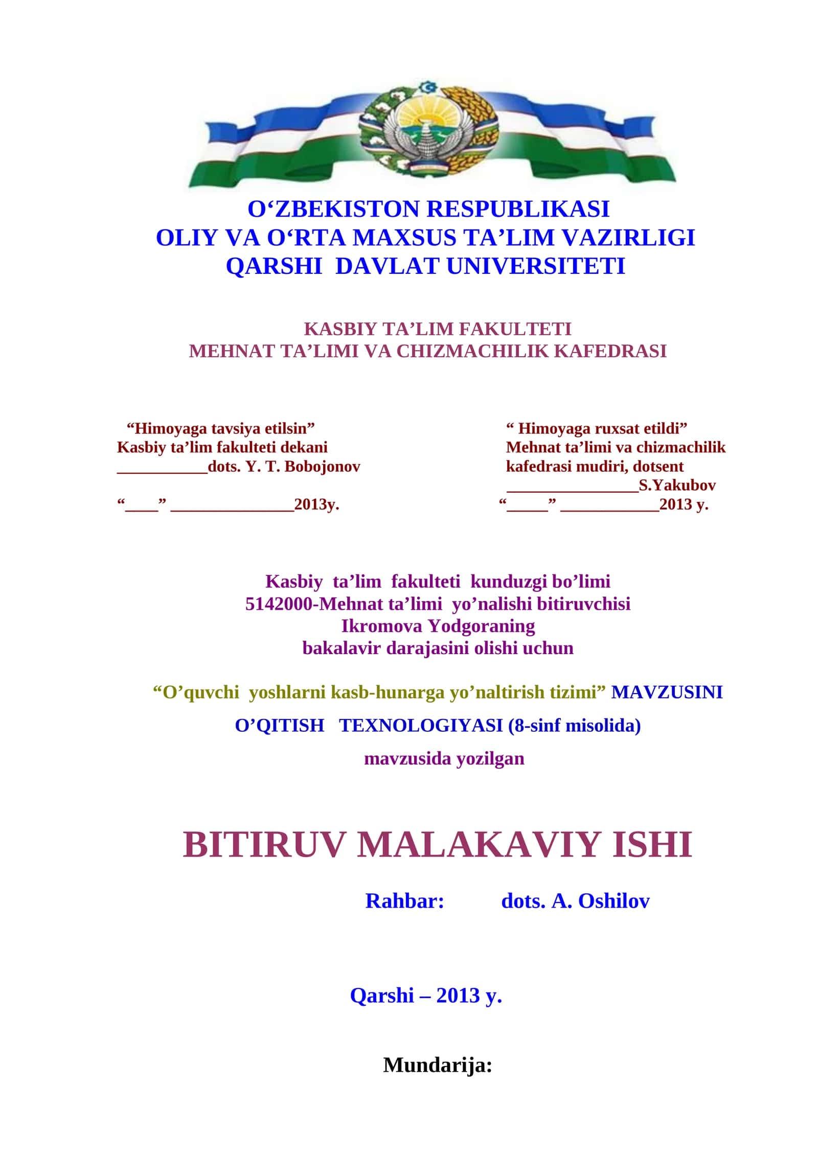 O’quvchi yoshlarni kasb-hunarga yo’naltirish tizimi MAVZUSINI O’QITISH TEXNOLOGIYASI (8-sinf misolida)