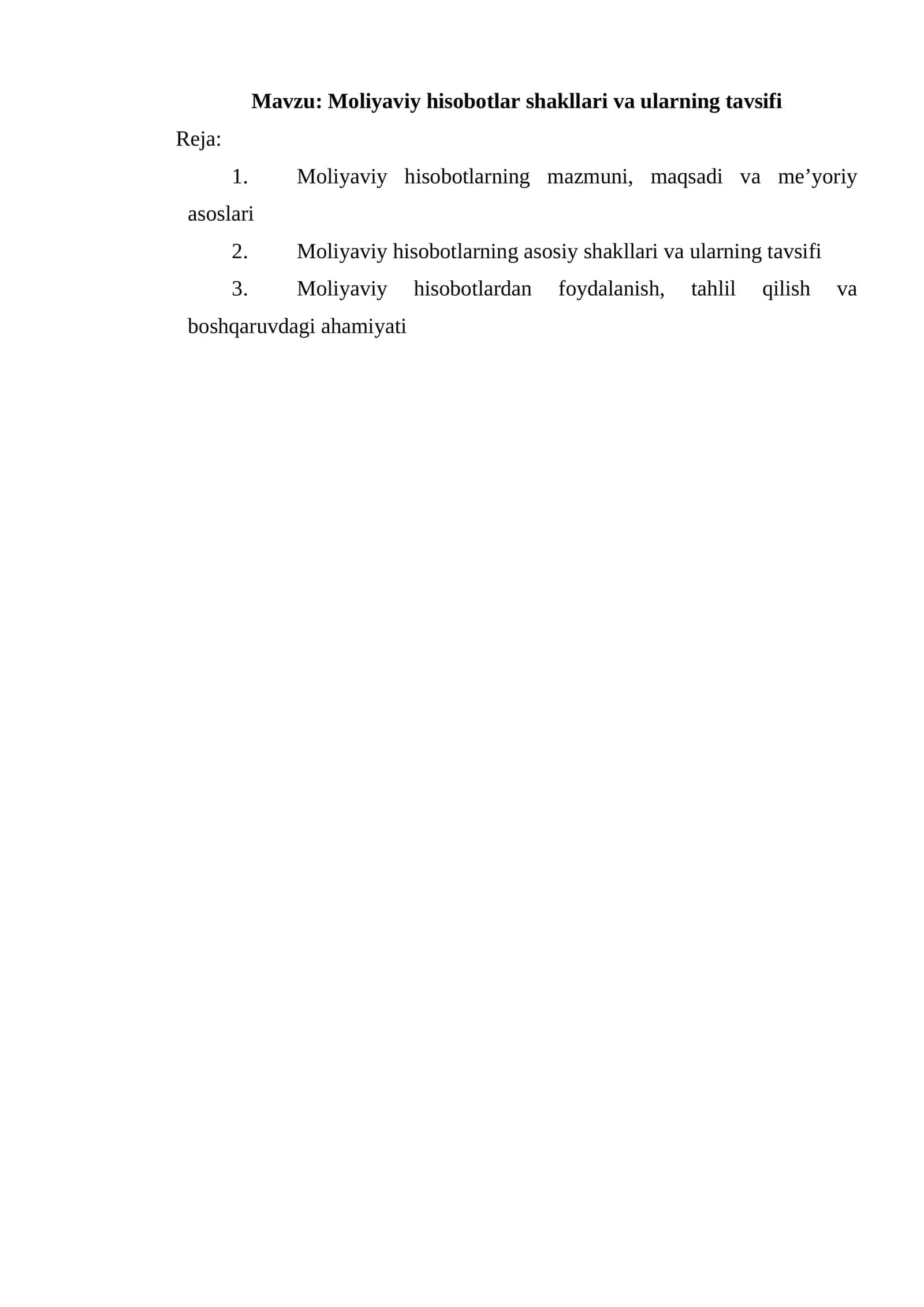 Moliyaviy hisobotlar shakllari va ularning tavsifi
