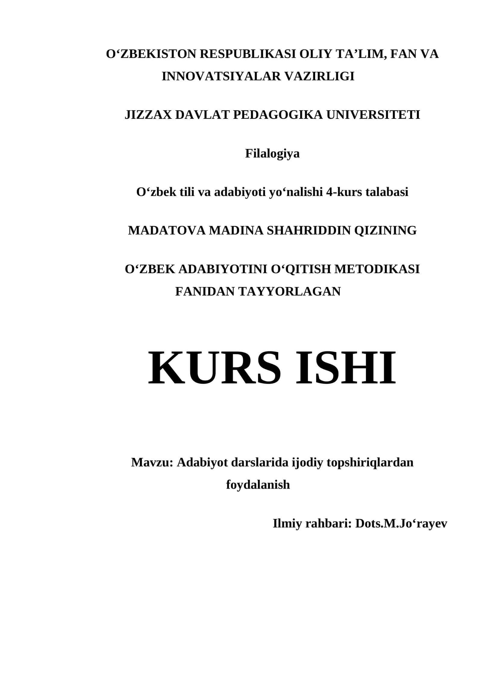 OʻZBEK ADABIYOTINI OʻQITISH METODIKASI FANIDAN TAYYORLAGAN KURS ISHI