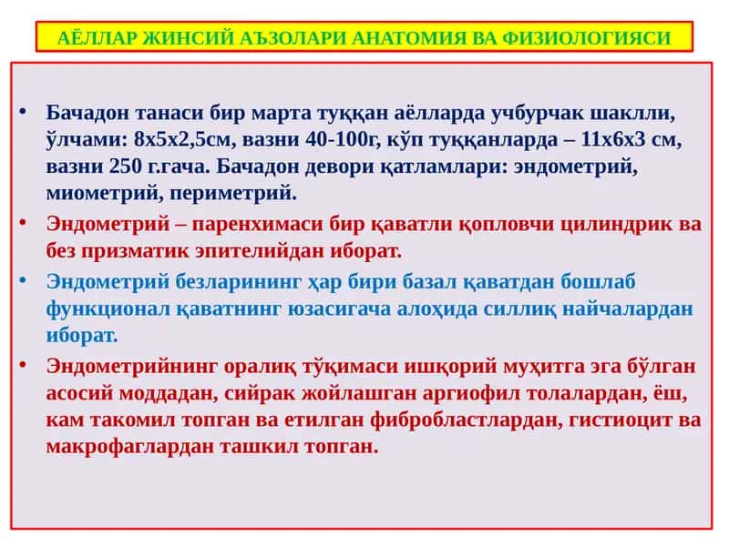 АЁЛЛАР ЖИНСИЙ АЪЗОЛАРИ АНАТОМИЯ ВА ФИЗИОЛОГИЯСИ