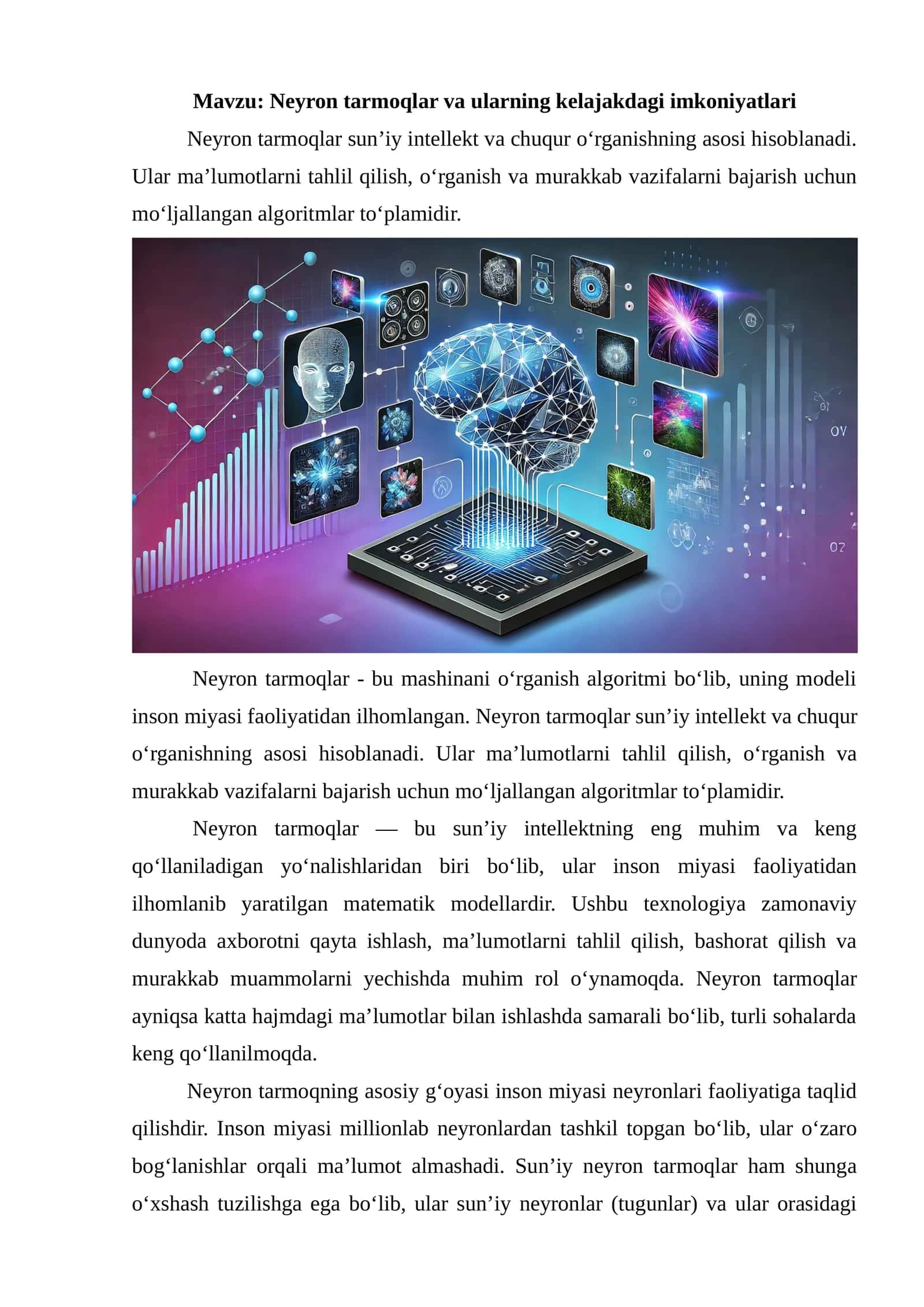 Neyron tarmoqlar va ularning kelajakdagi imkoniyatlari