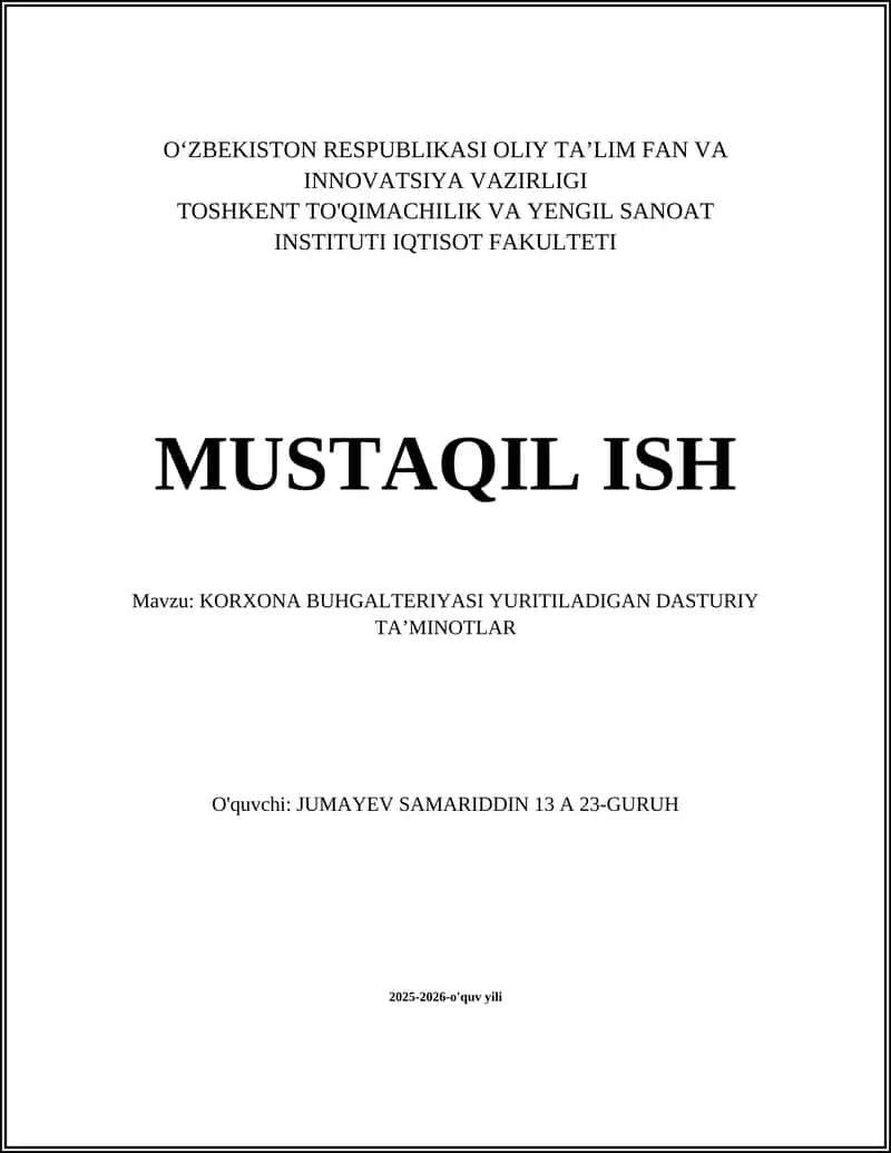 KORXONA BUHGALTERIYASI YURITILADIGAN DASTURIY TA’MINOTLAR