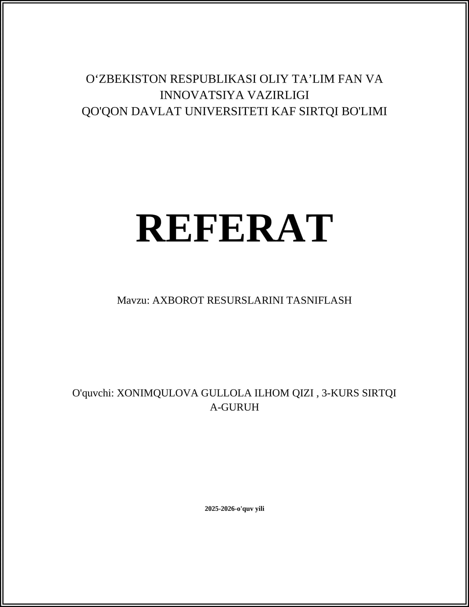 AXBOROT RESURSLARINI TASNIFLASH