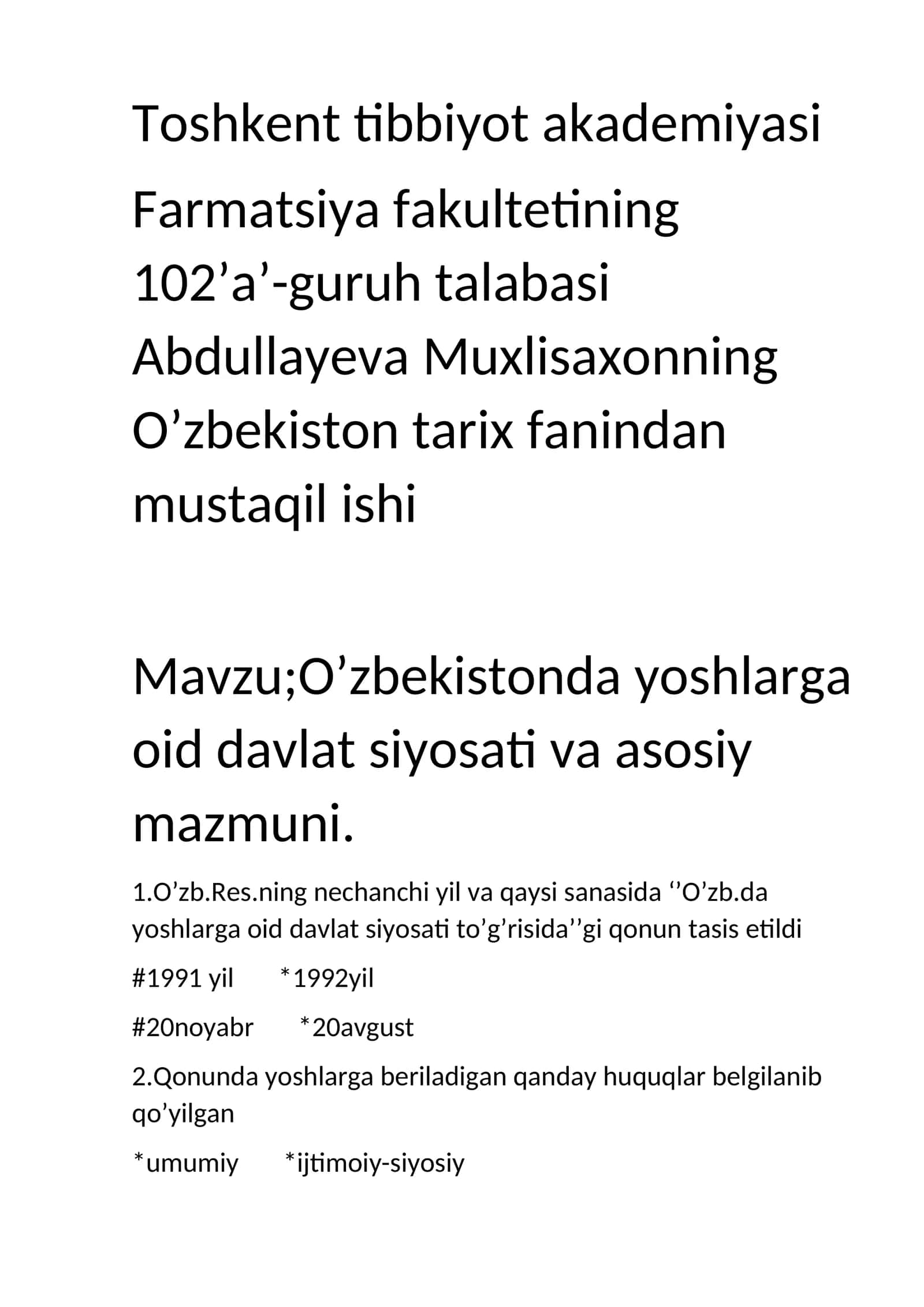 O’zbekistonda yoshlarga oid davlat siyosati va asosiy mazmuni