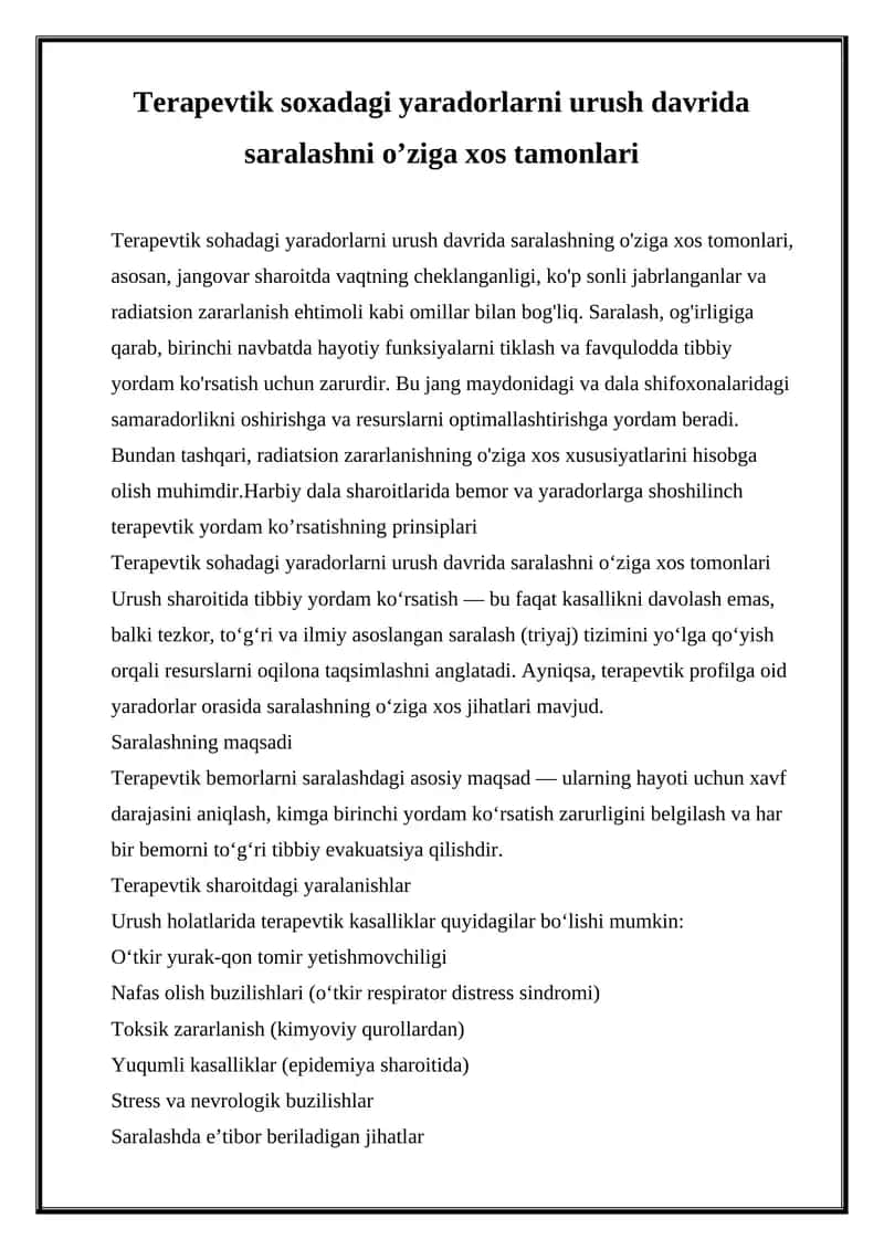 Terapevtik sohadagi yaradorlarni urush davrida saralashni o‘ziga xos tomonlari