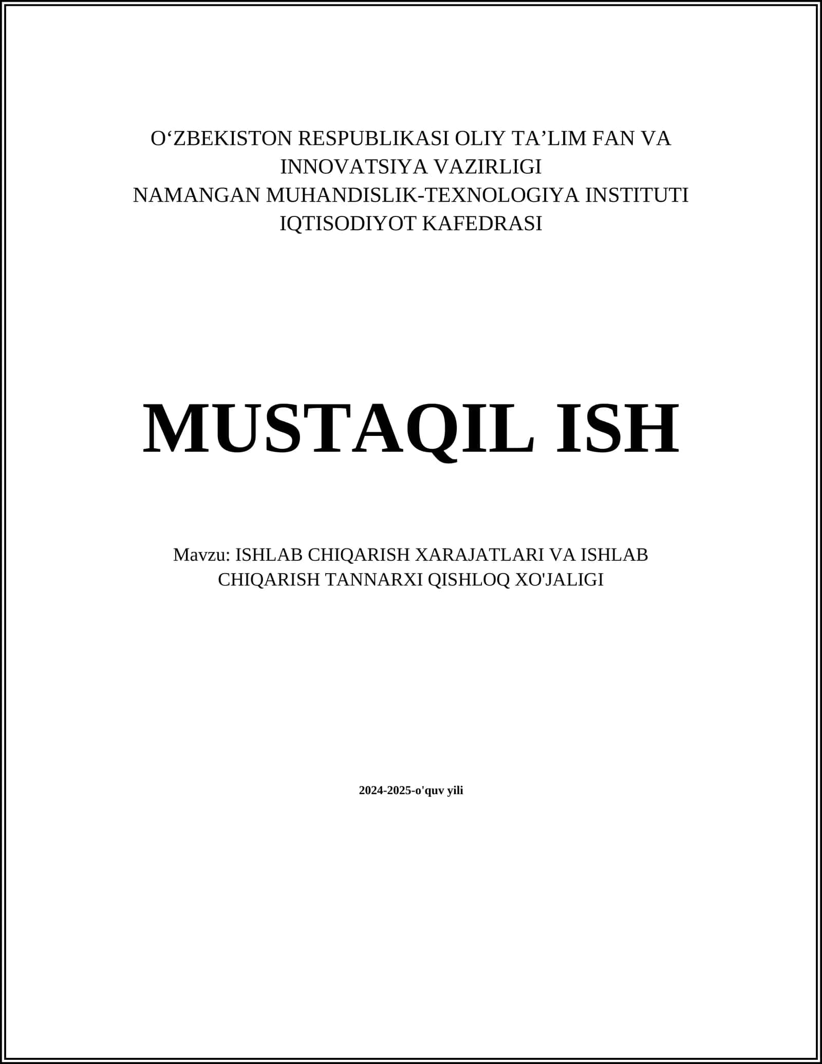 ISHLAB CHIQARISH XARAJATLARI VA ISHLAB CHIQARISH TANNARXI QISHLOQ XO'JALIGI