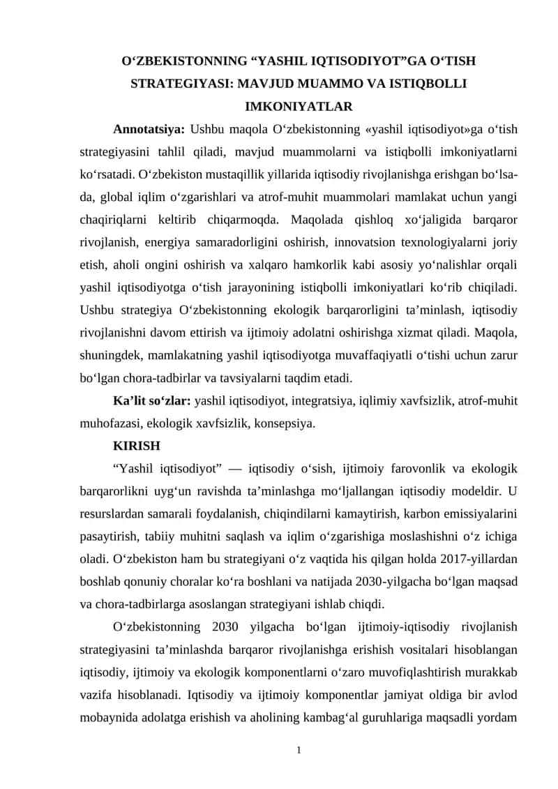 Yashil Iqtisodiyotga O‘tish Strategiyasi