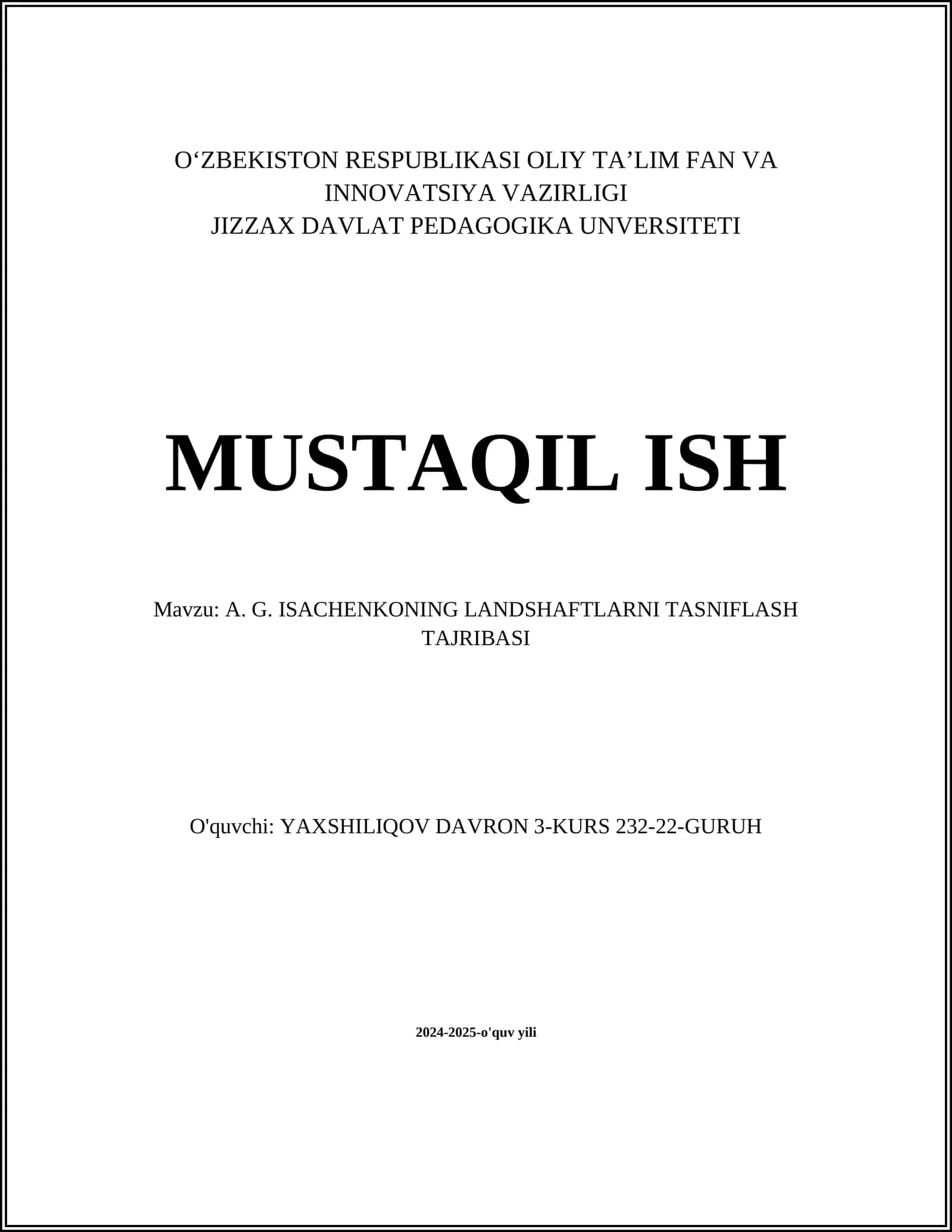 A. G. ISACHENKONING LANDSHAFTLARNI TASNIFLASH TAJRIBASI
