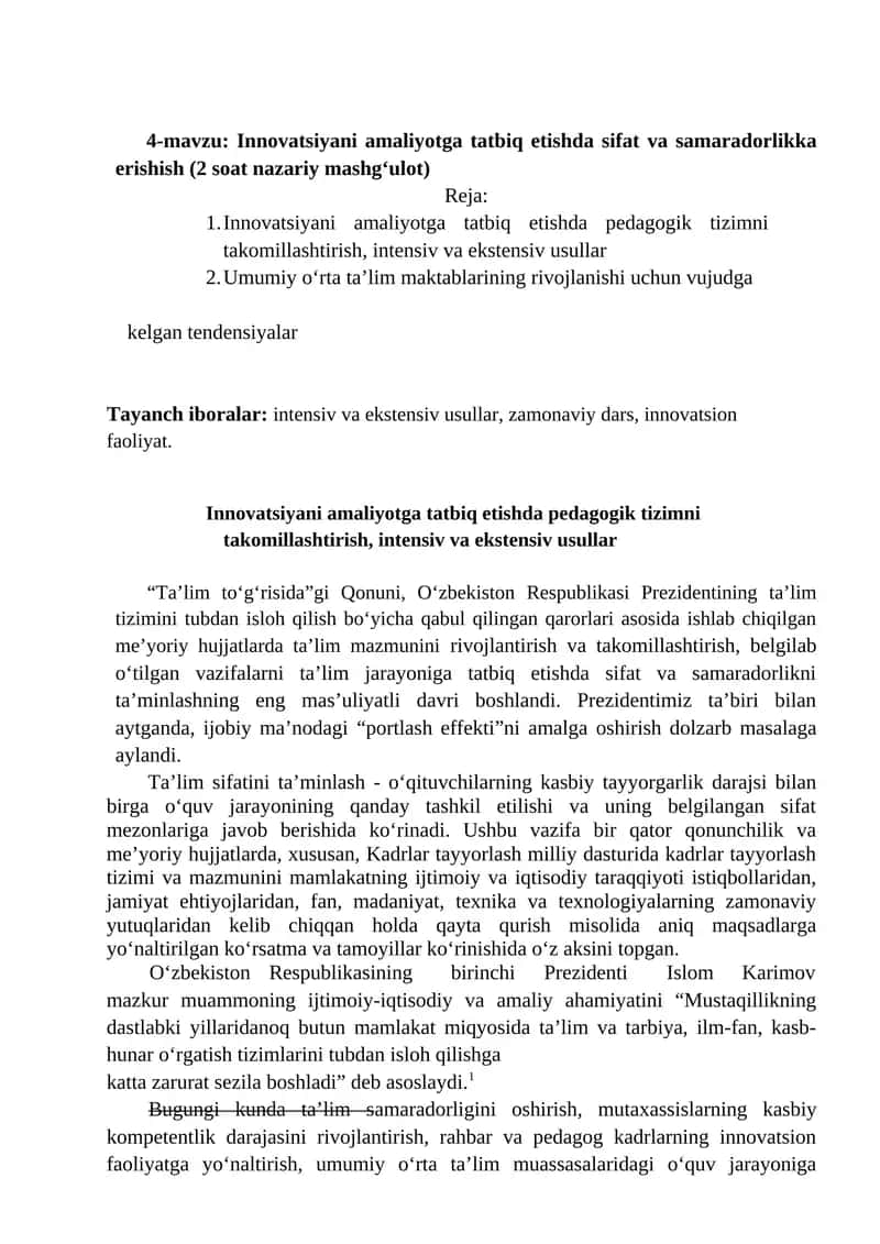 Innovatsiyani amaliyotga tatbiq etishda sifat va samaradorlikka erishish