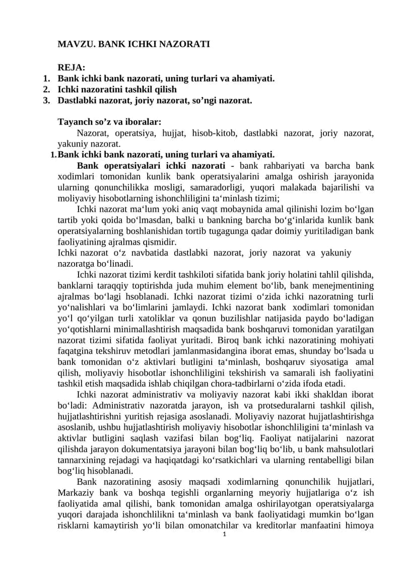 MAVZU. BANK ICHKI NAZORATI