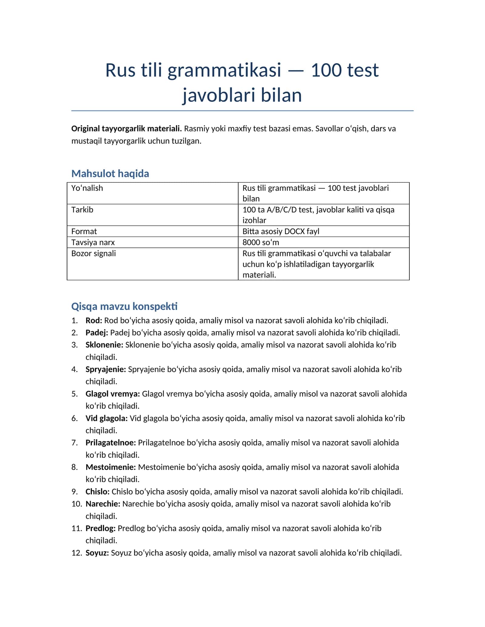 Rus tili grammatikasi — 100 test javoblari bilan