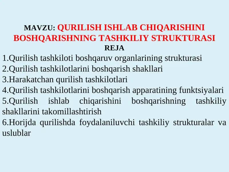 Qurilish Ishlab Chiqarishini Boshqarishning Tashkiliy Strukturasi