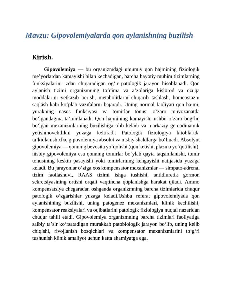 Gipovolemiyada qon aylanishining buzilishi