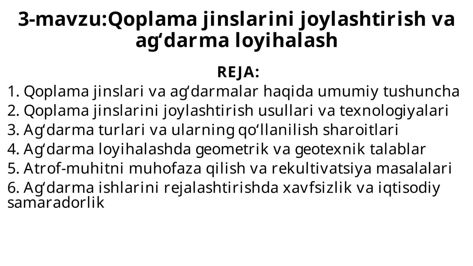 Qoplama jinslarini joylashtirish va ag‘darma loyihalash