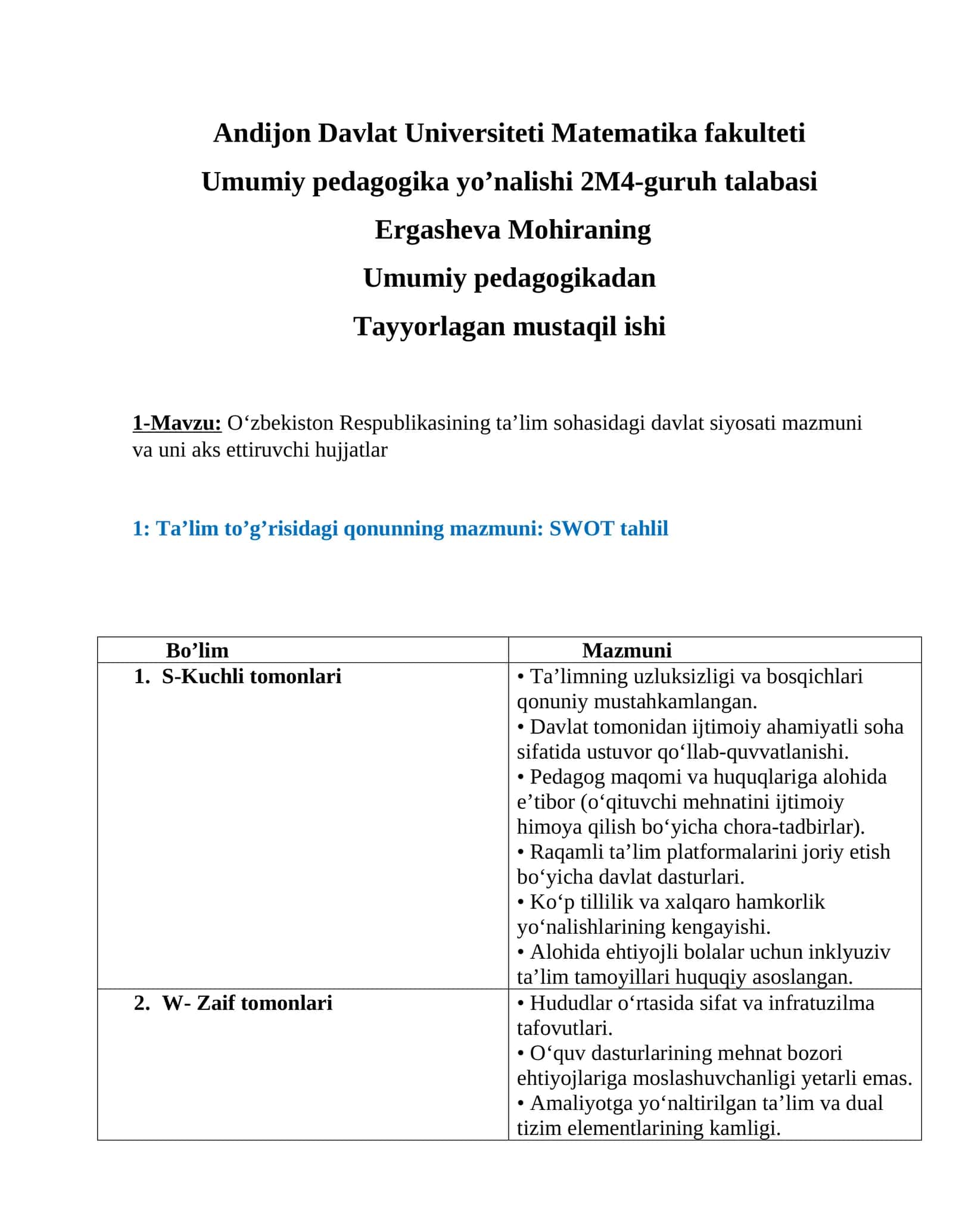 Tayyorlagan mustaqil ishi