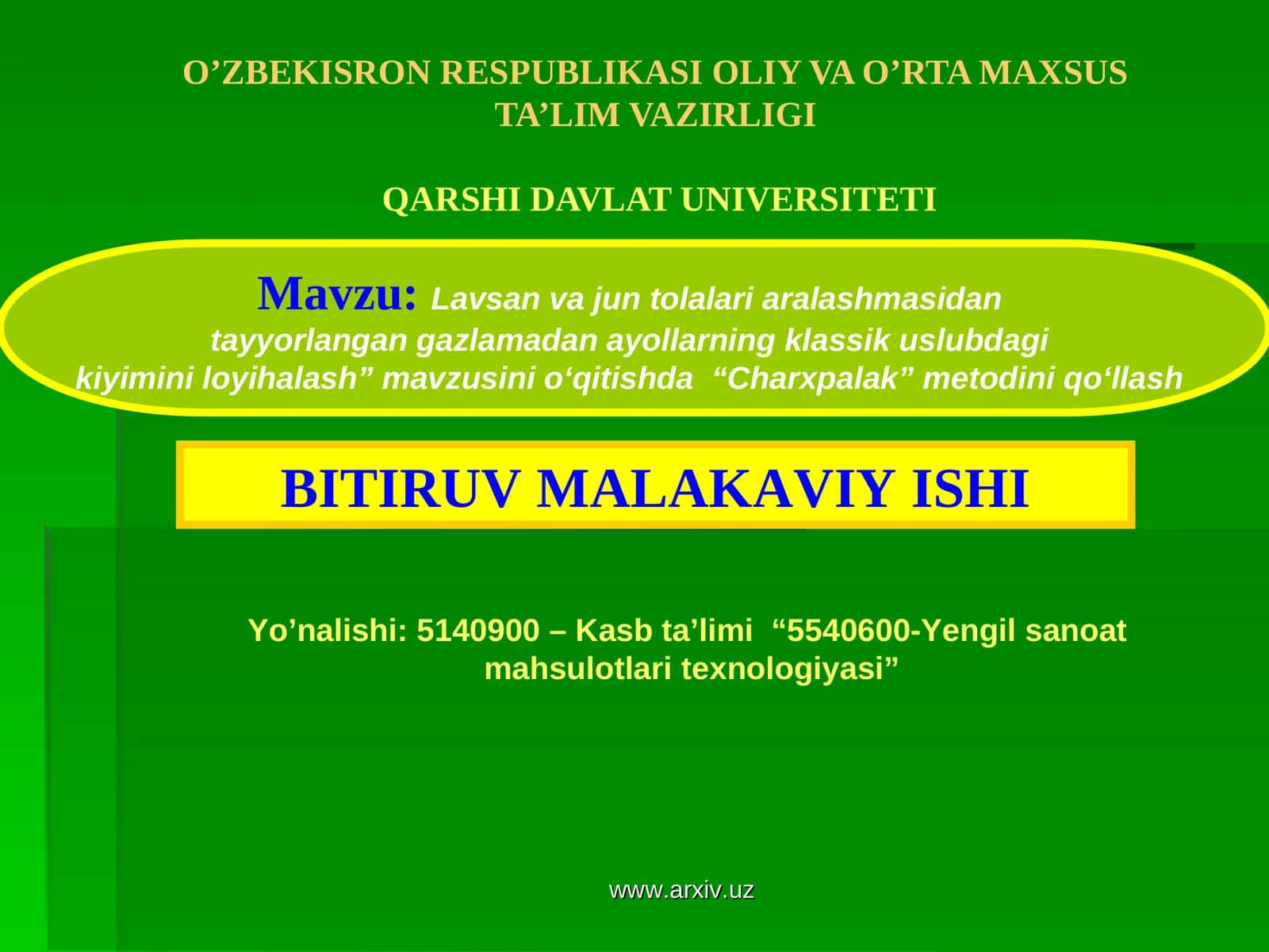Lavsan va jun tolalari aralashmasidan tayyorlangan gazlamadan ayollarning klassik uslubdagi kiyimini loyihalash”