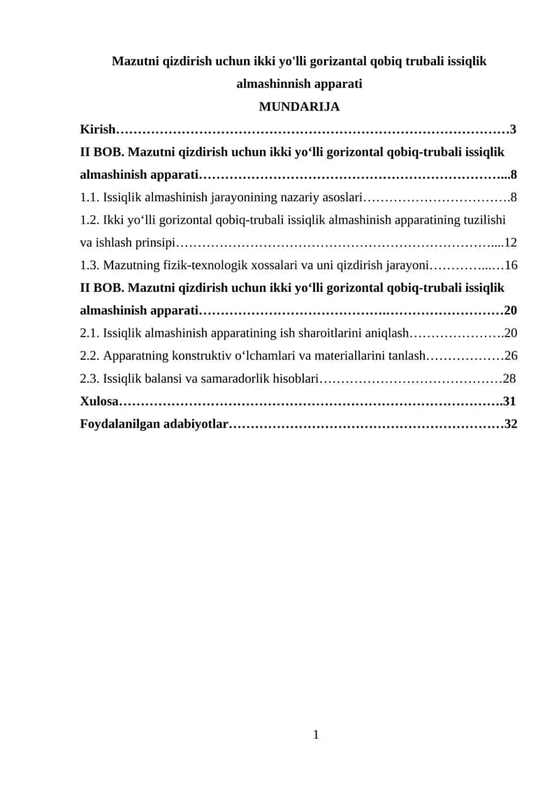 Mazutni qizdirish uchun ikki yo'lli gorizantal qobiq trubali issiqlik almashinnish apparati
