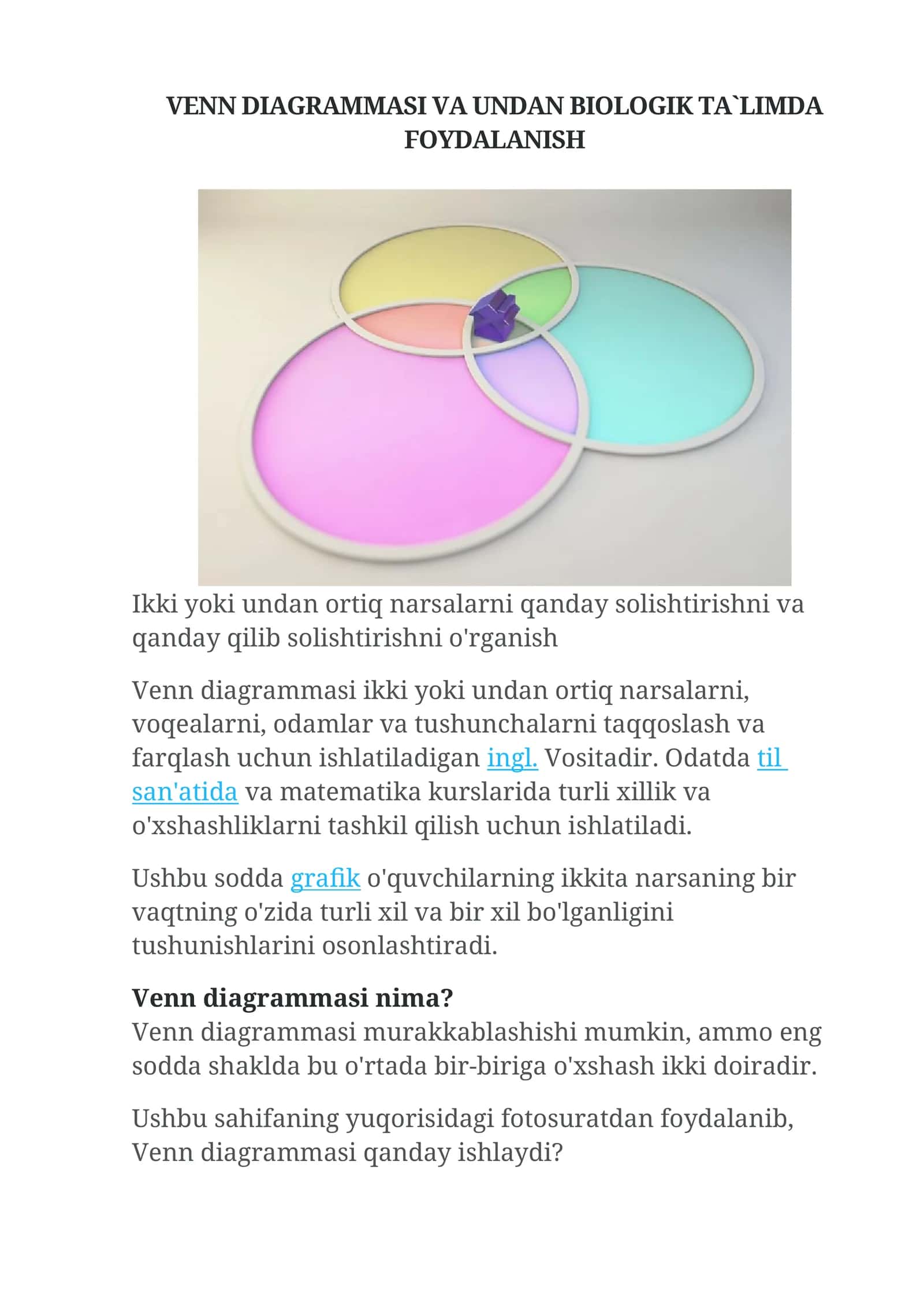 Venn diagrammasi va undan biologik ta`limda foydalanish