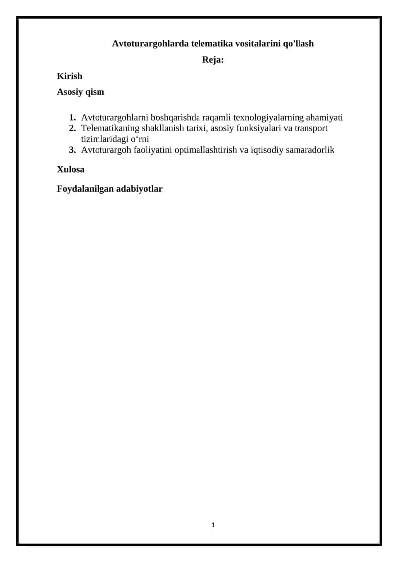 Avtoturargohlarda telematika vositalarini qo'llash