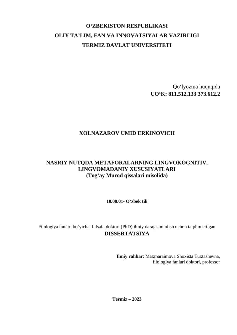 NASRIY NUTQDA METAFORALARNING LINGVOKOGNITIV, LINGVOMADANIY XUSUSIYATLARI