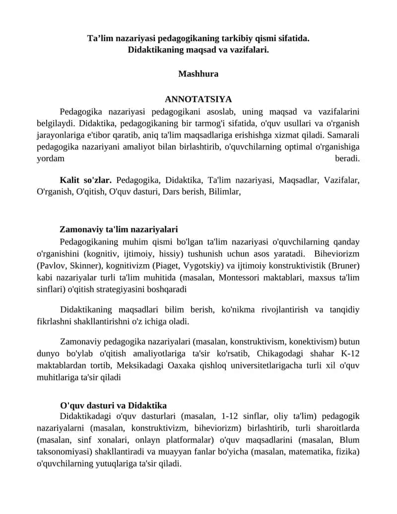 Ta’lim nazariyasi pedagogikasi