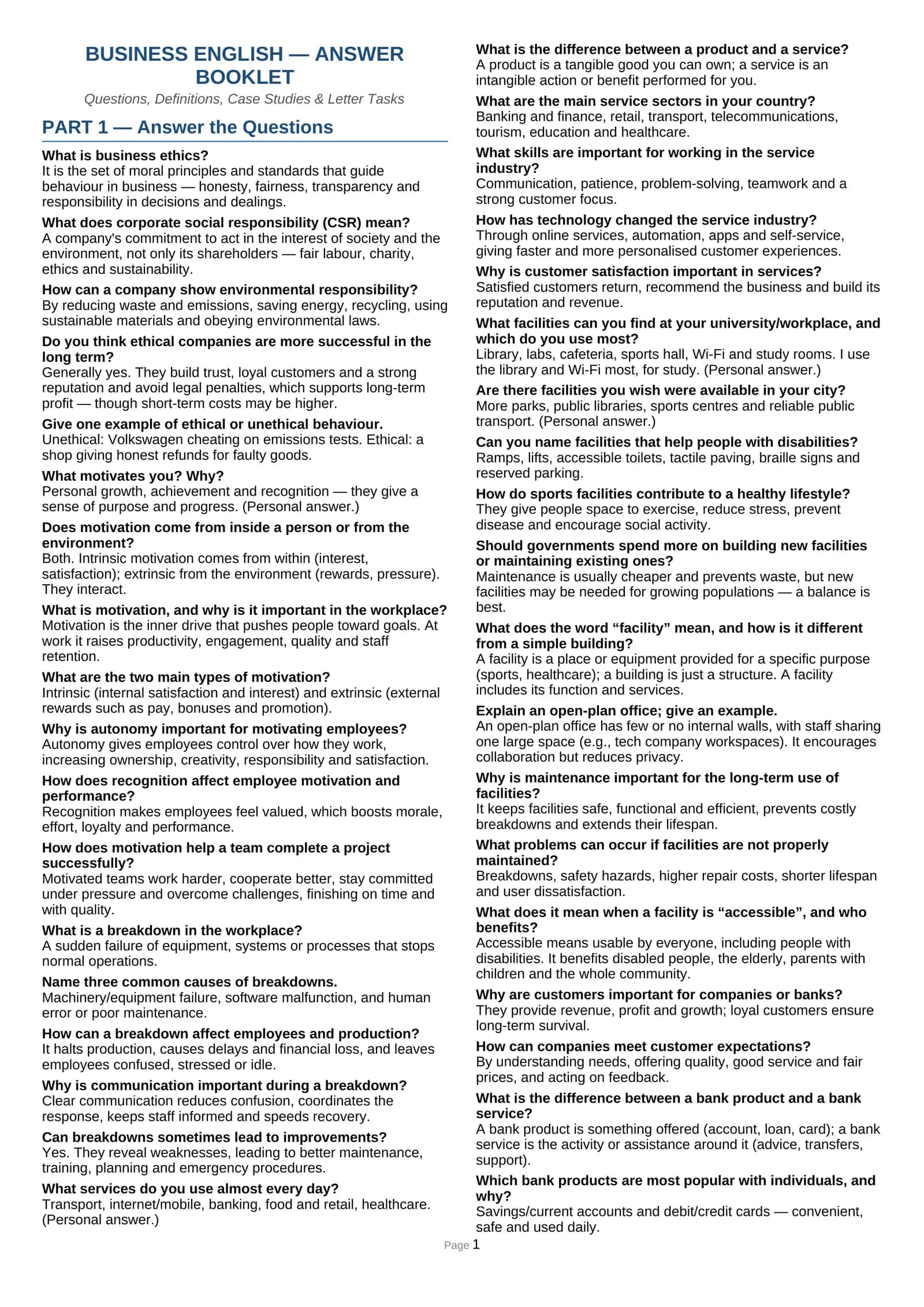 BUSINESS ENGLISH — ANSWER BOOKLET