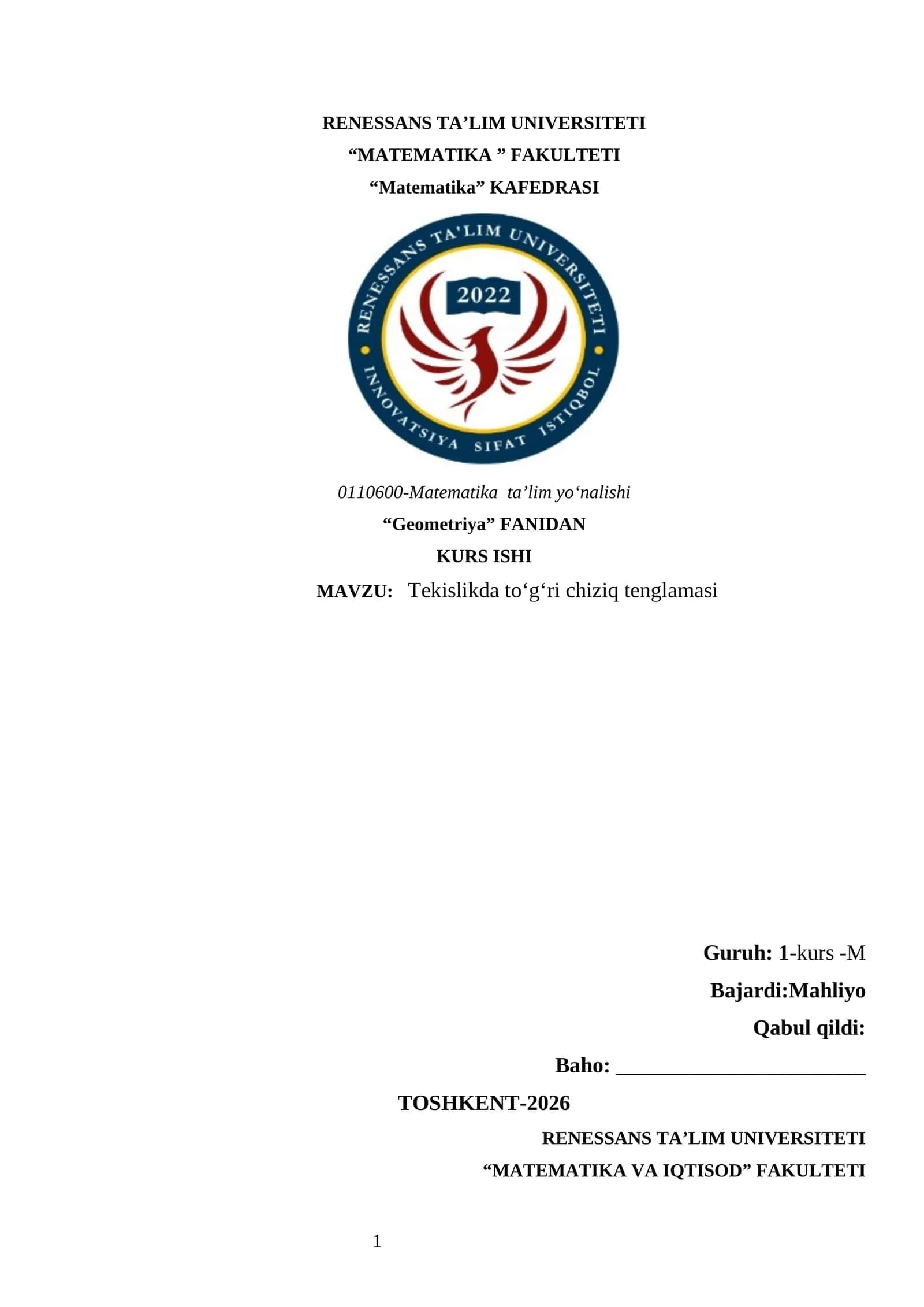 Tekislikda to'g'ri chiziq tenglamasi