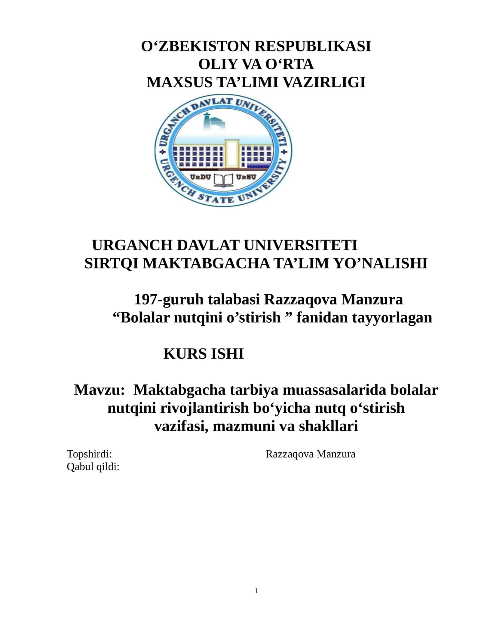 Bolalar nutqini o’stirish fanidan