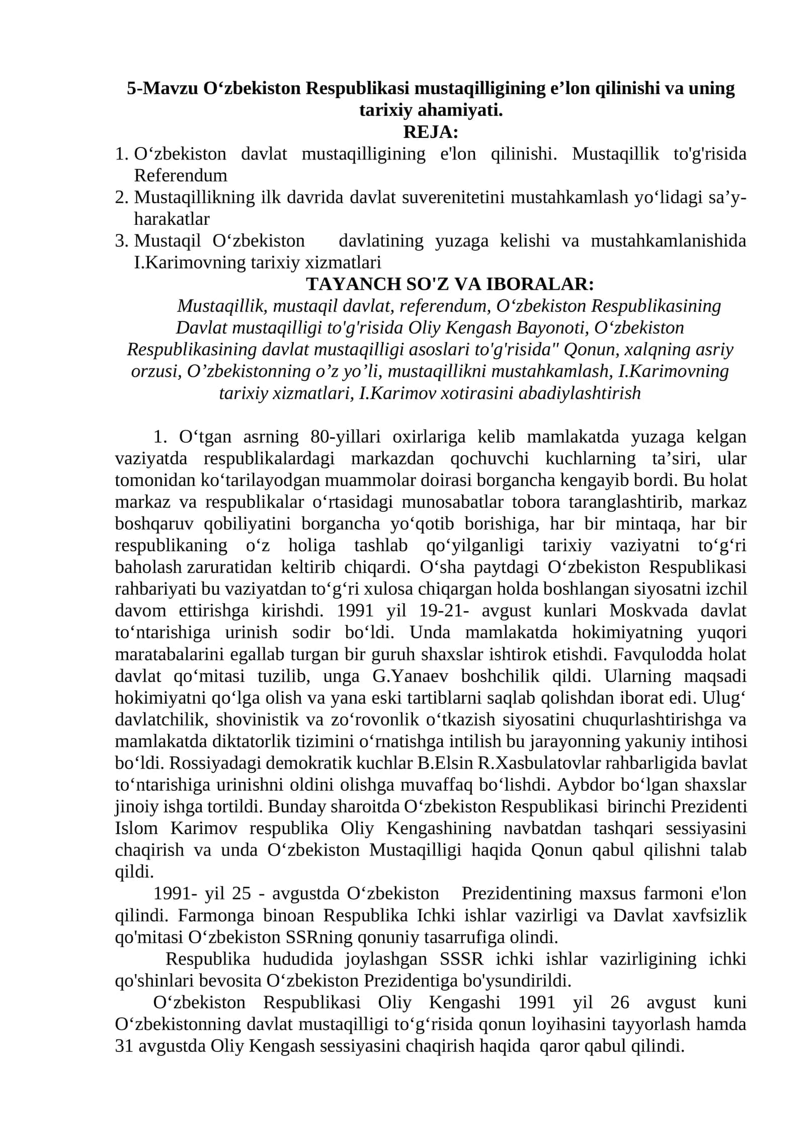 O‘zbekiston Respublikasi mustaqilligining e’lon qilinishi va uning tarixiy ahamiyati
