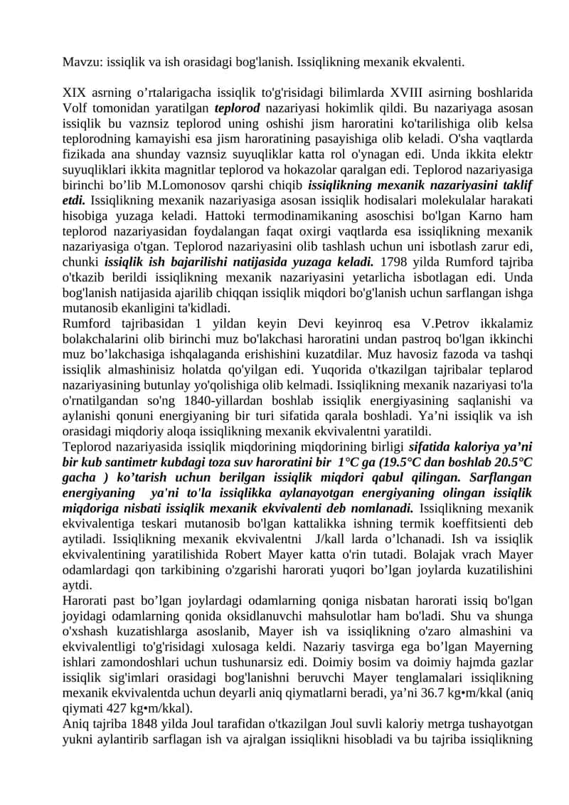 Issiqlik va ish orasidagi bog'lanish
