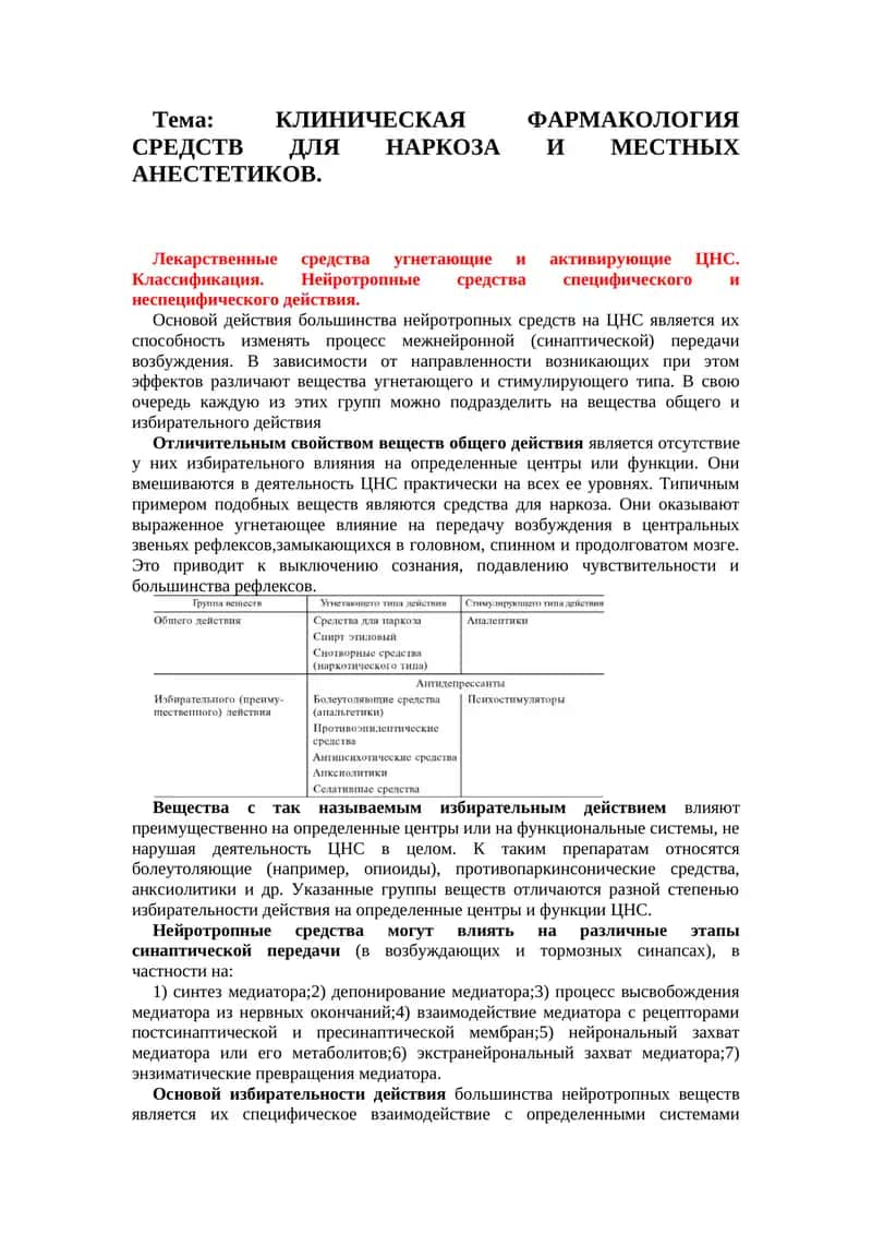 КЛИНИЧЕСКАЯ ФАРМАКОЛОГИЯ СРЕДСТВ ДЛЯ НАРКОЗА И МЕСТНЫХ АНЕСТЕТИКОВ