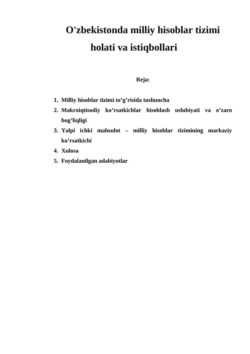 Milliy hisoblar tizimi holati va istiqbollari