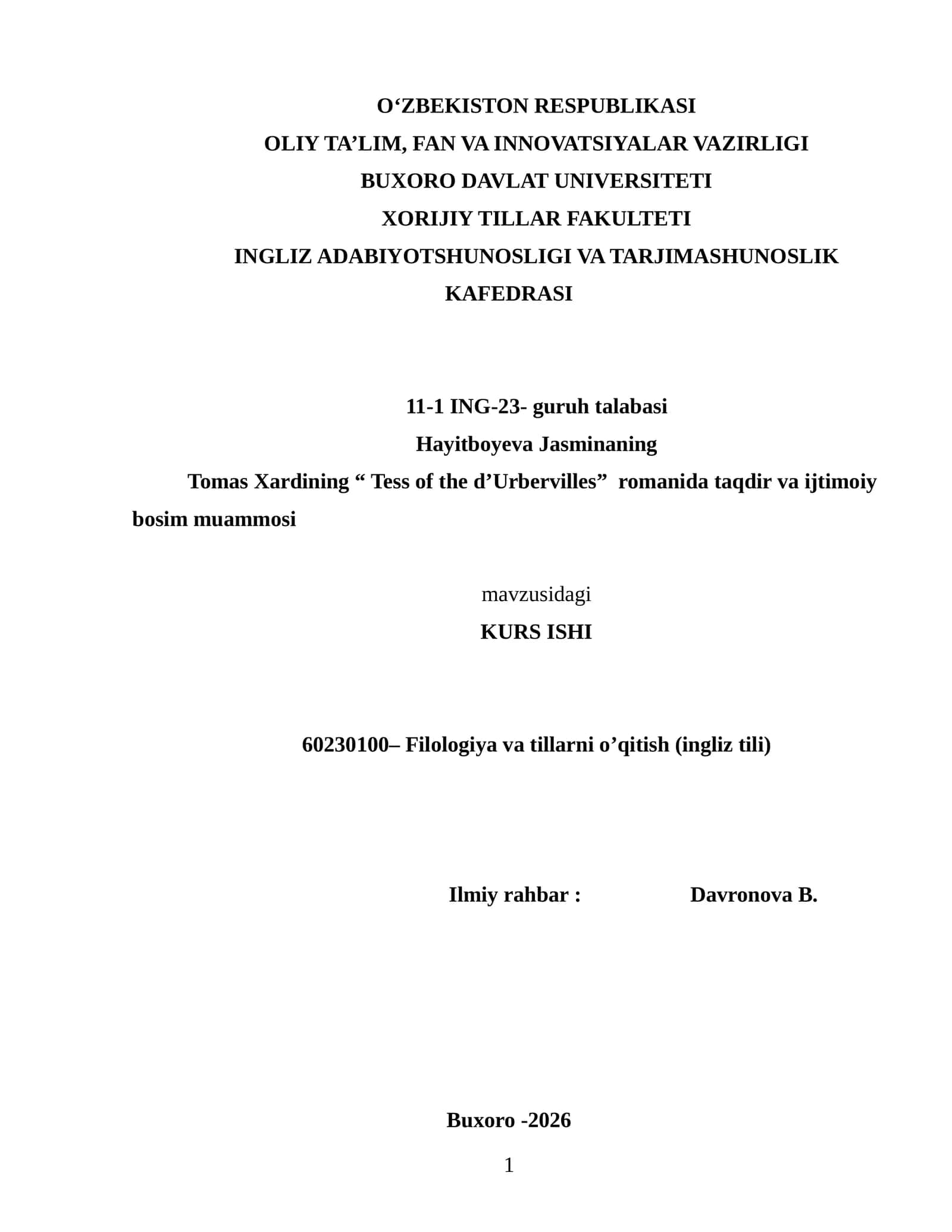 Tomas Xardining “ Tess of the d’Urbervilles” romanida taqdir va ijtimoiy bosim muammosi KURS ISHI