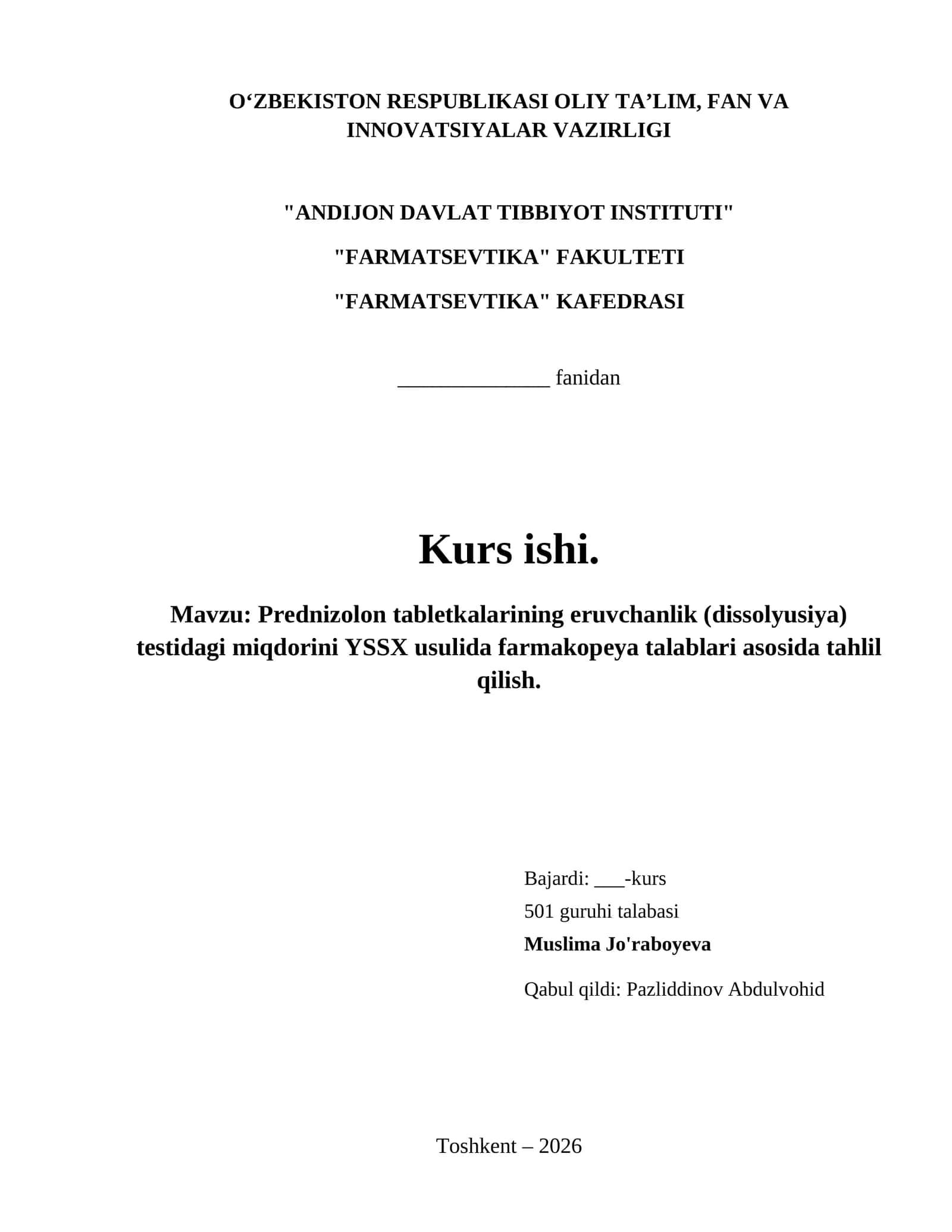 Prednizolon tabletkalarining eruvchanlik (dissolyusiya) testidagi miqdorini YSSX usulida farmakopeya talablari asosida tahlil qilish.