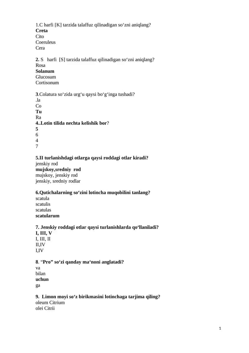Lotin tili test, Davolash, Pediatriya, Stomatologiya, Farmatsiya, Oliy hamshiralik yo'nalishi uchun
