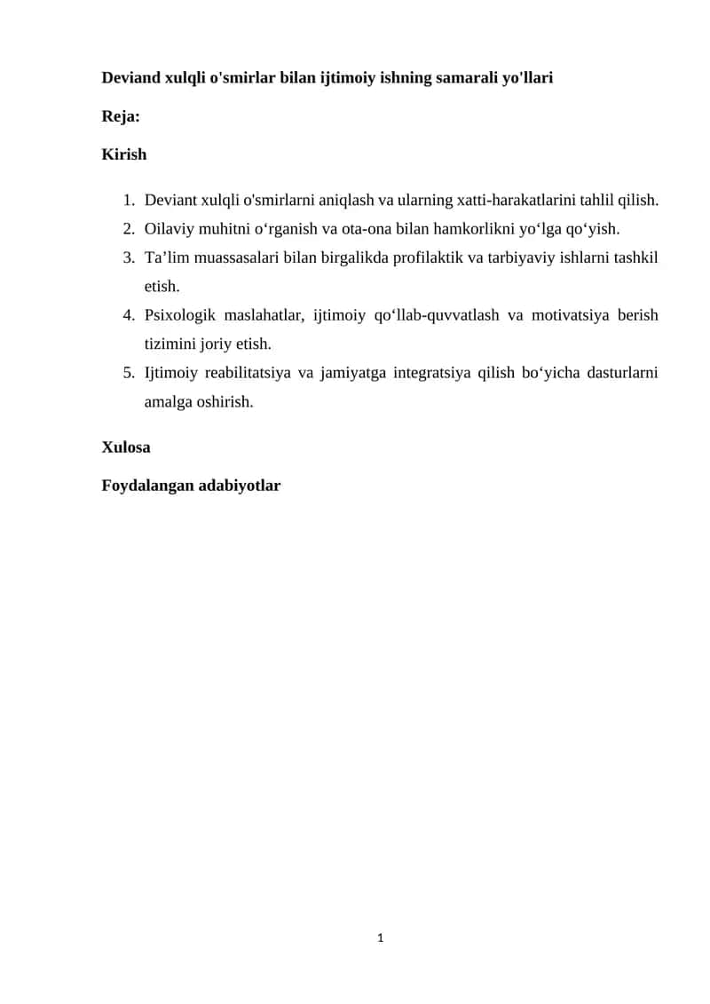 Deviand xulqli o'smirlar bilan ijtimoiy ishning samarali yo'llari