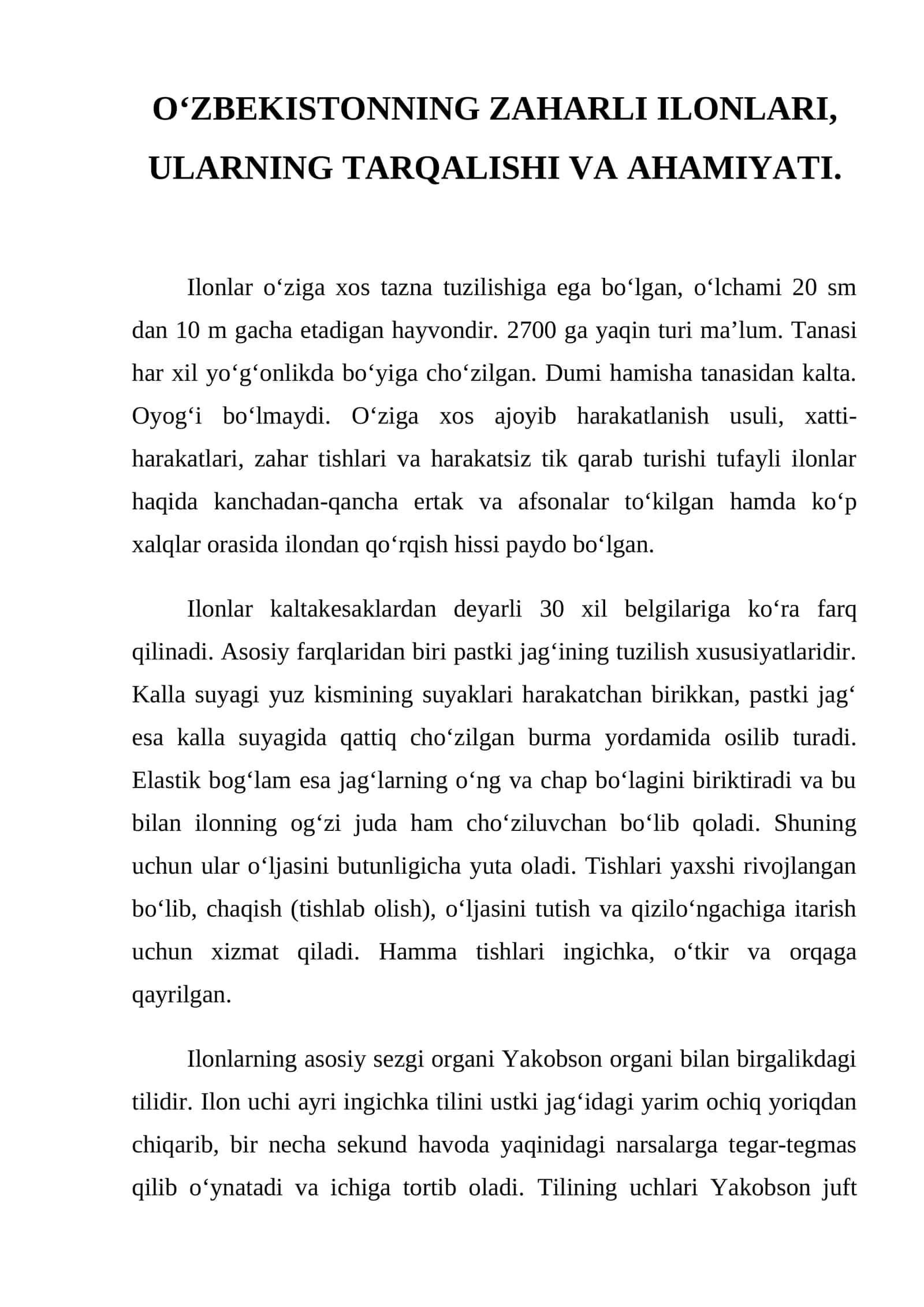 O‘zbekistonning zaharli ilonlari, ularning tarqalishi va ahmiyati