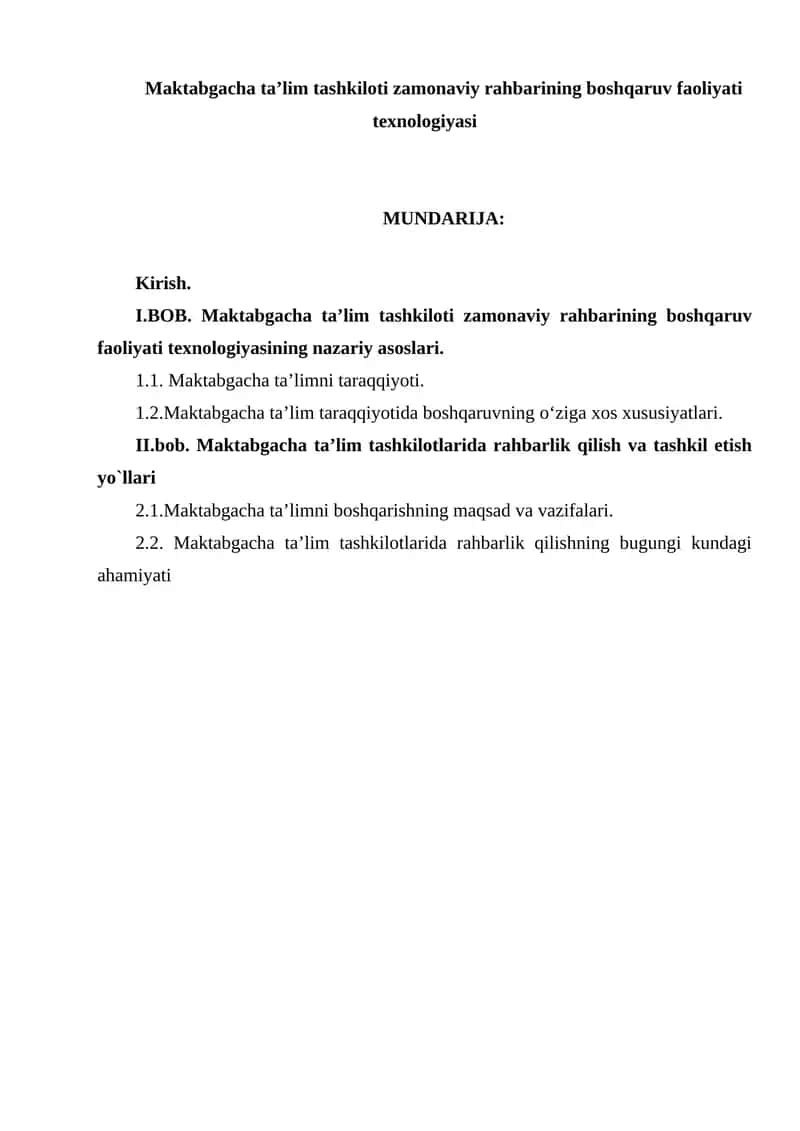 Maktabgacha ta’lim tashkiloti zamonaviy rahbarining boshqaruv faoliyati texnologiyasi