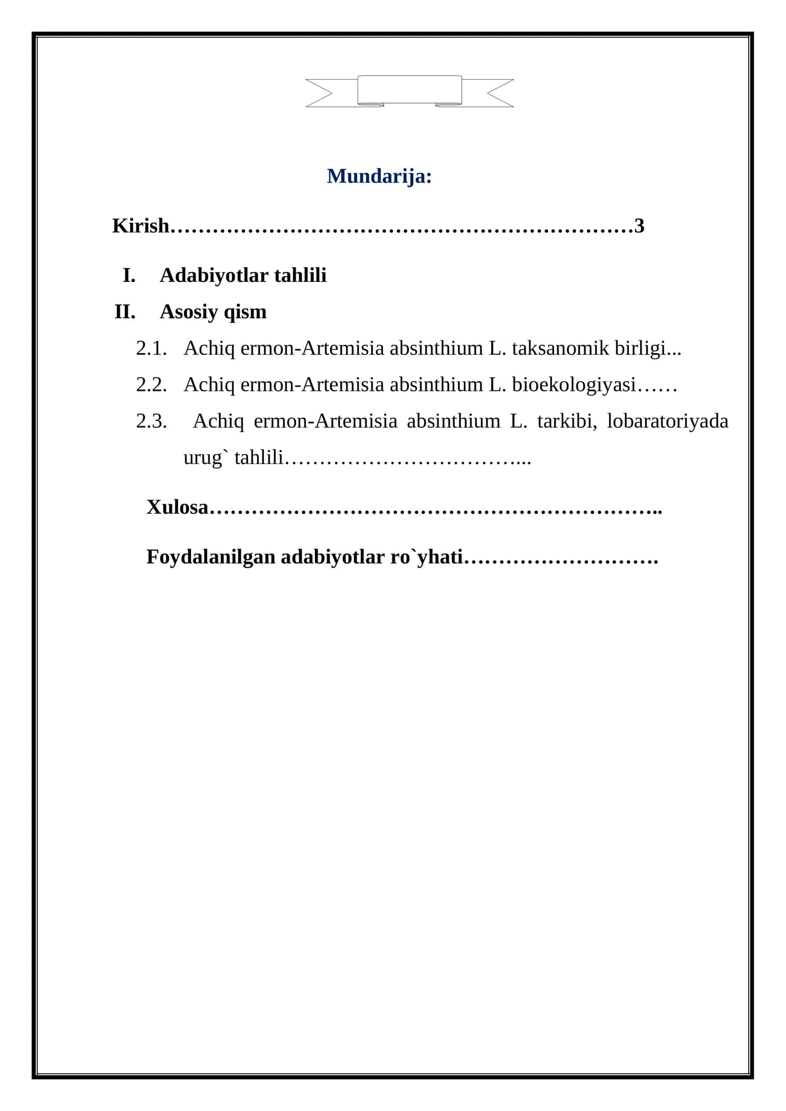 Achiq ermon-Artemisia absinthium L. tarkibi, lobaratoriyada urug` tahlili