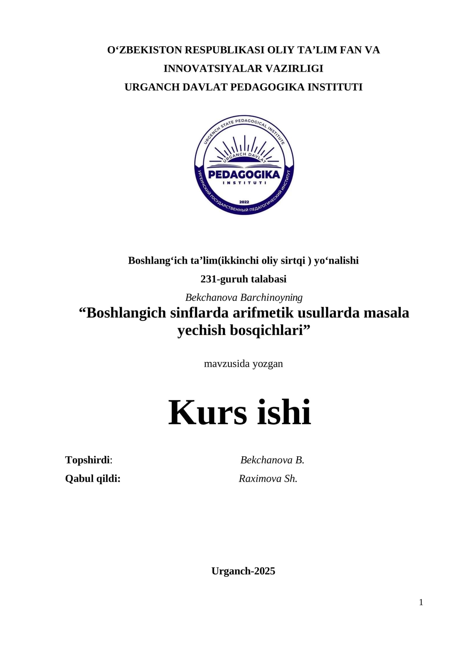 Boshlangich sinflarda arifmetik usullarda masala yechish bosqichlari
