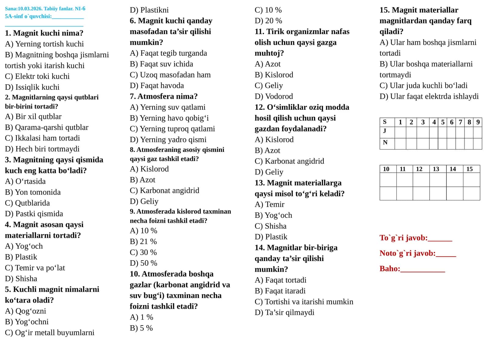 5-sinflar uchun Tabiiy fanlar fanidan oltinchi nazorat ishi testi