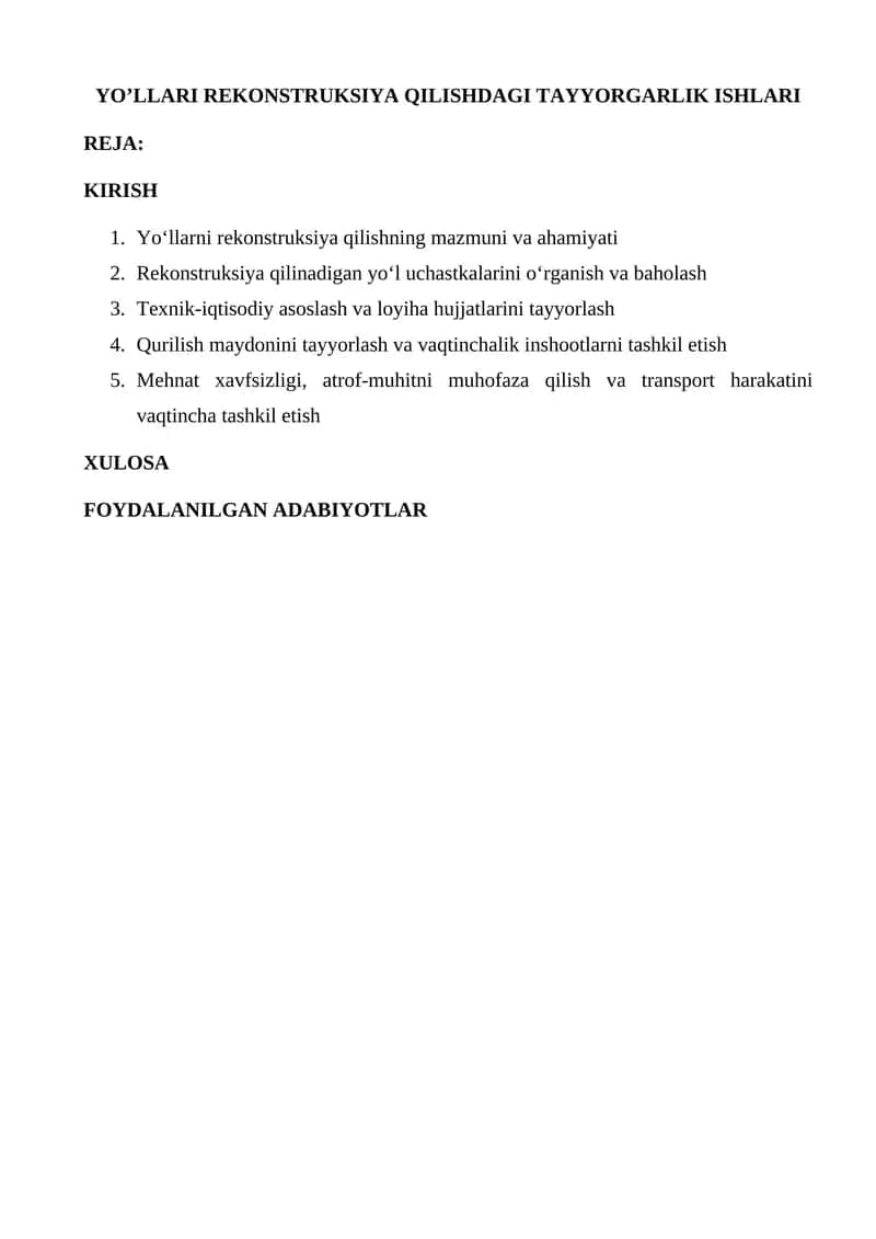 Yo’llarni Rekonstruksiya Qilishdagi Tayyorgarlik Ishlari