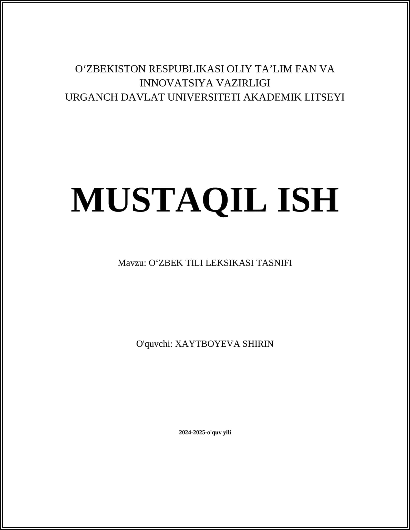 OʻZBEK TILI LEKSIKASI TASNIFI