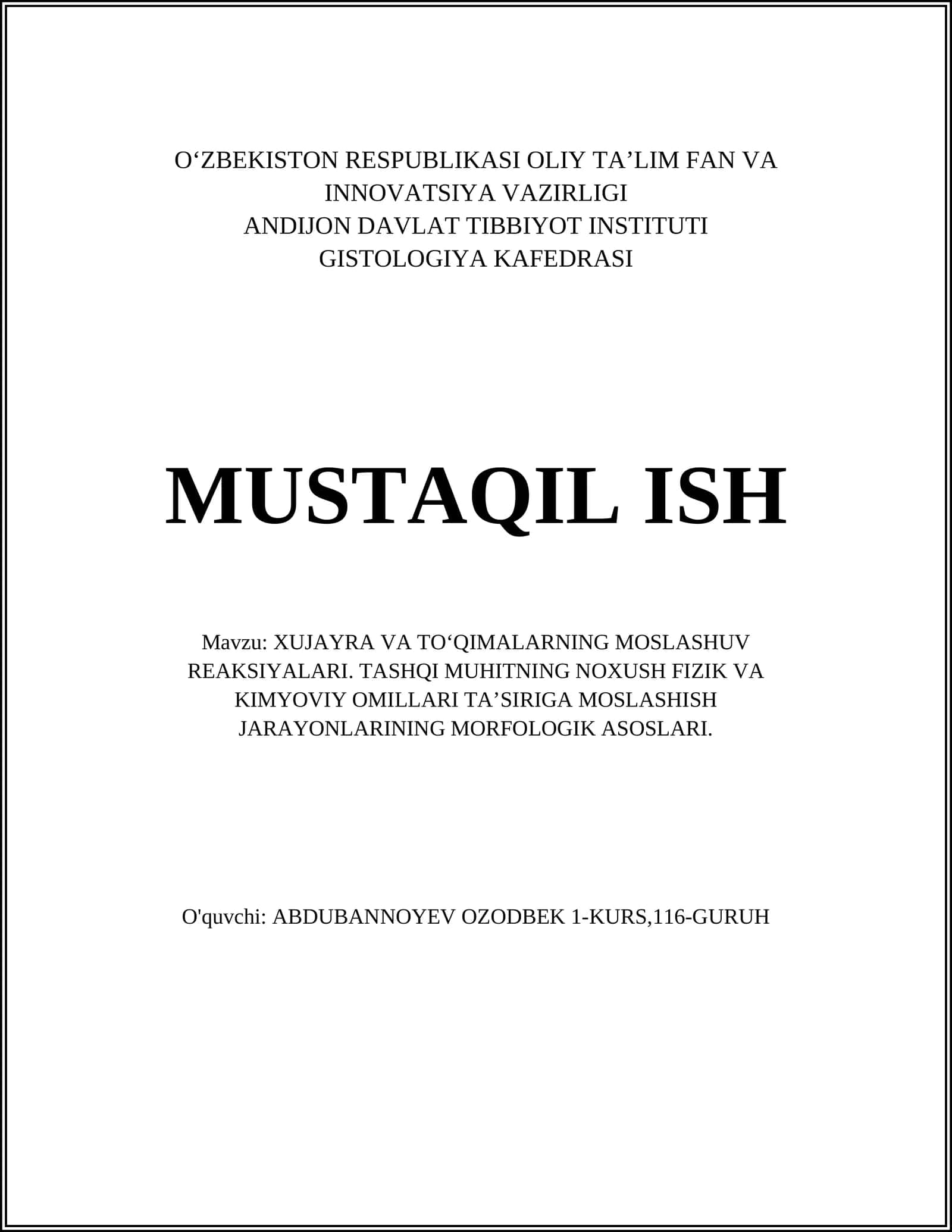 XUJAYRA VA TO‘QIMALARNING MOSLASHUV REAKSIYALARI